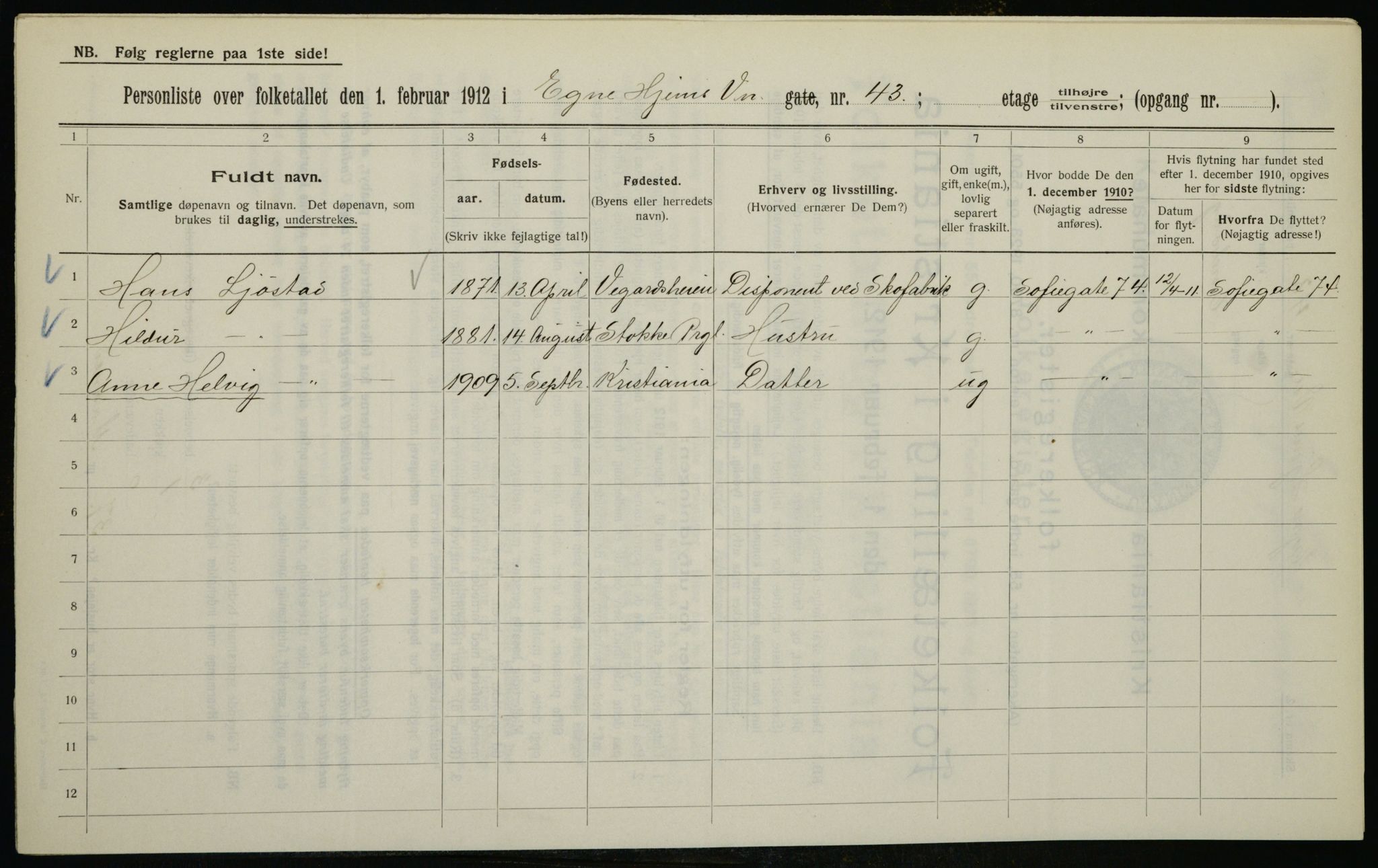 OBA, Municipal Census 1912 for Kristiania, 1912, p. 18892