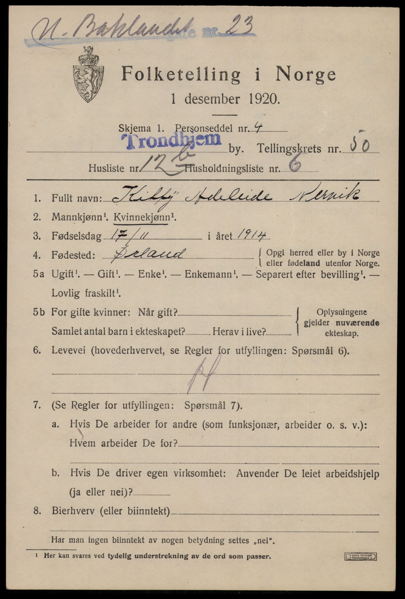 SAT, 1920 census for Trondheim, 1920, p. 104048