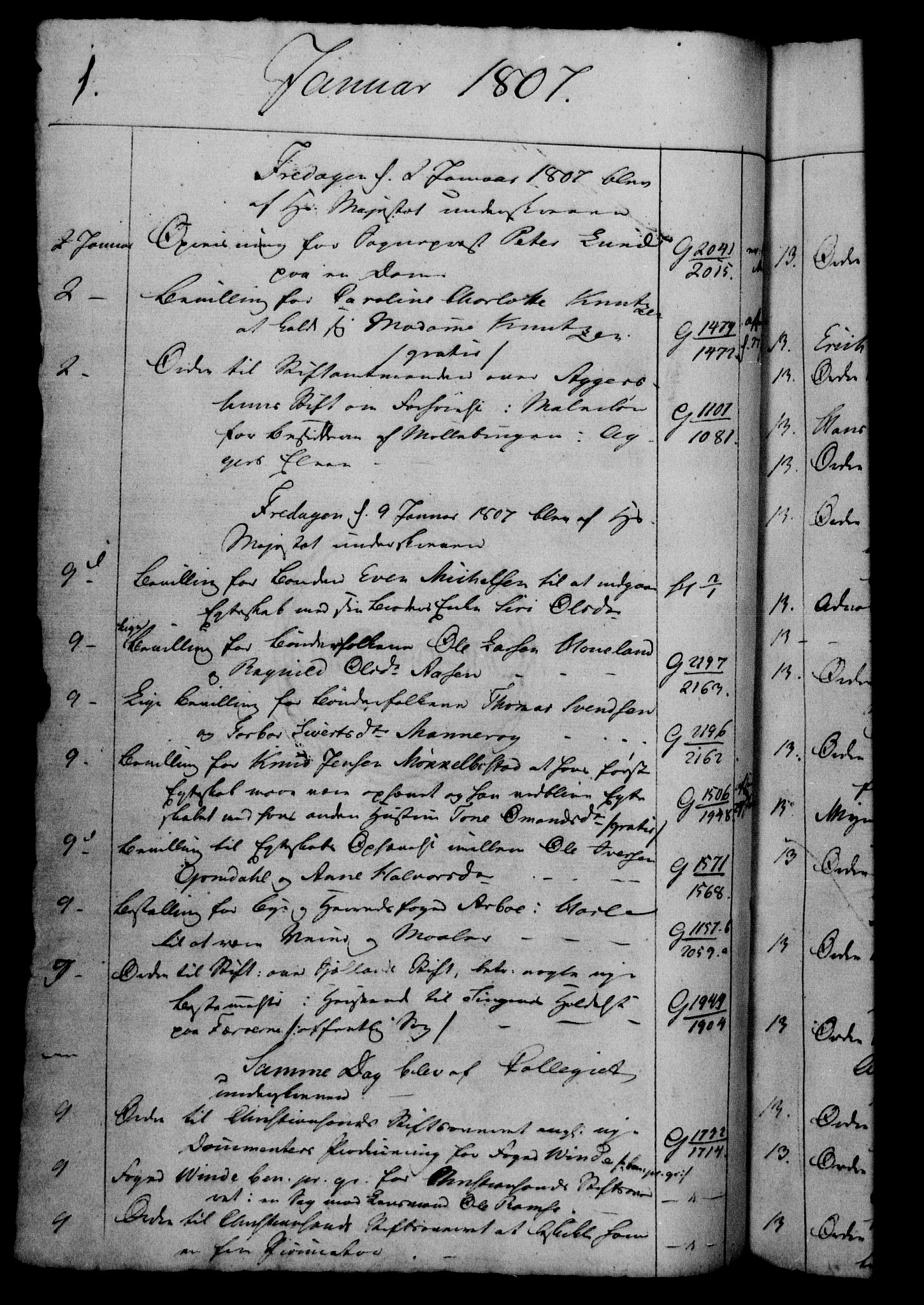 Danske Kanselli 1800-1814, RA/EA-3024/H/Hf/Hfb/Hfbc/L0008: Underskrivelsesbok m. register, 1807, p. 1