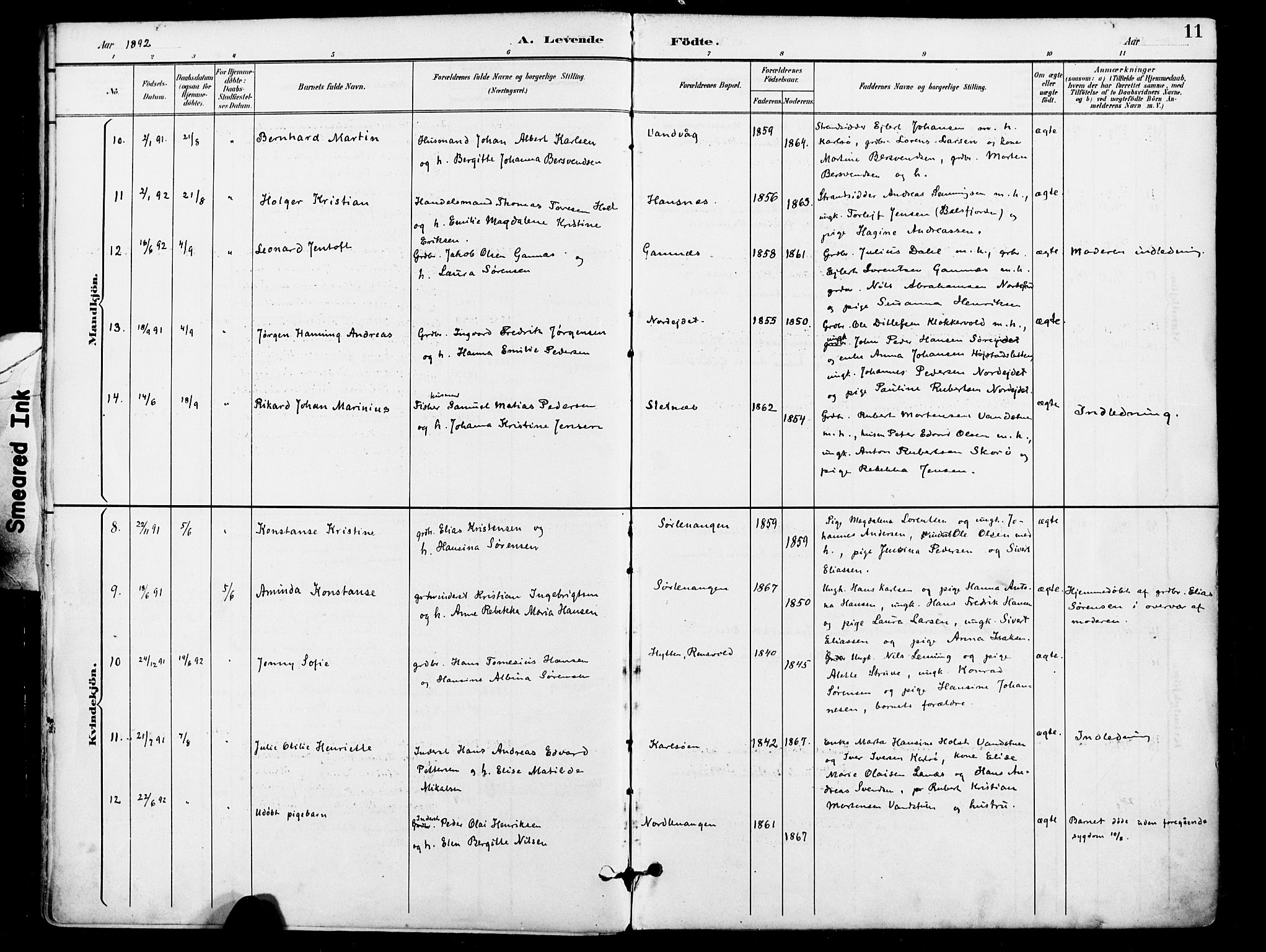 Karlsøy sokneprestembete, AV/SATØ-S-1299/H/Ha/Haa/L0007kirke: Parish register (official) no. 7, 1891-1902, p. 11