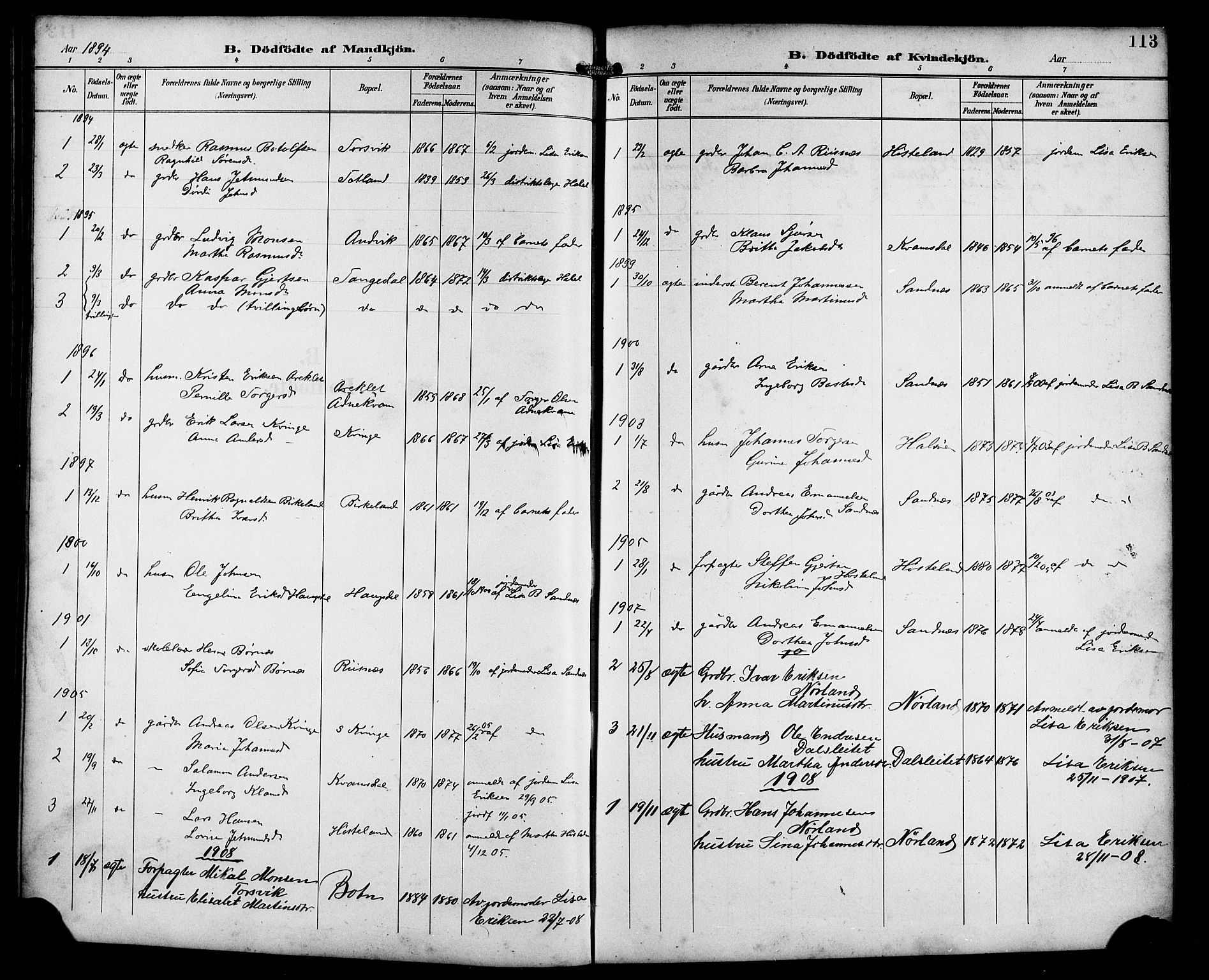 Masfjorden Sokneprestembete, SAB/A-77001: Parish register (copy) no. B 1, 1892-1913, p. 113