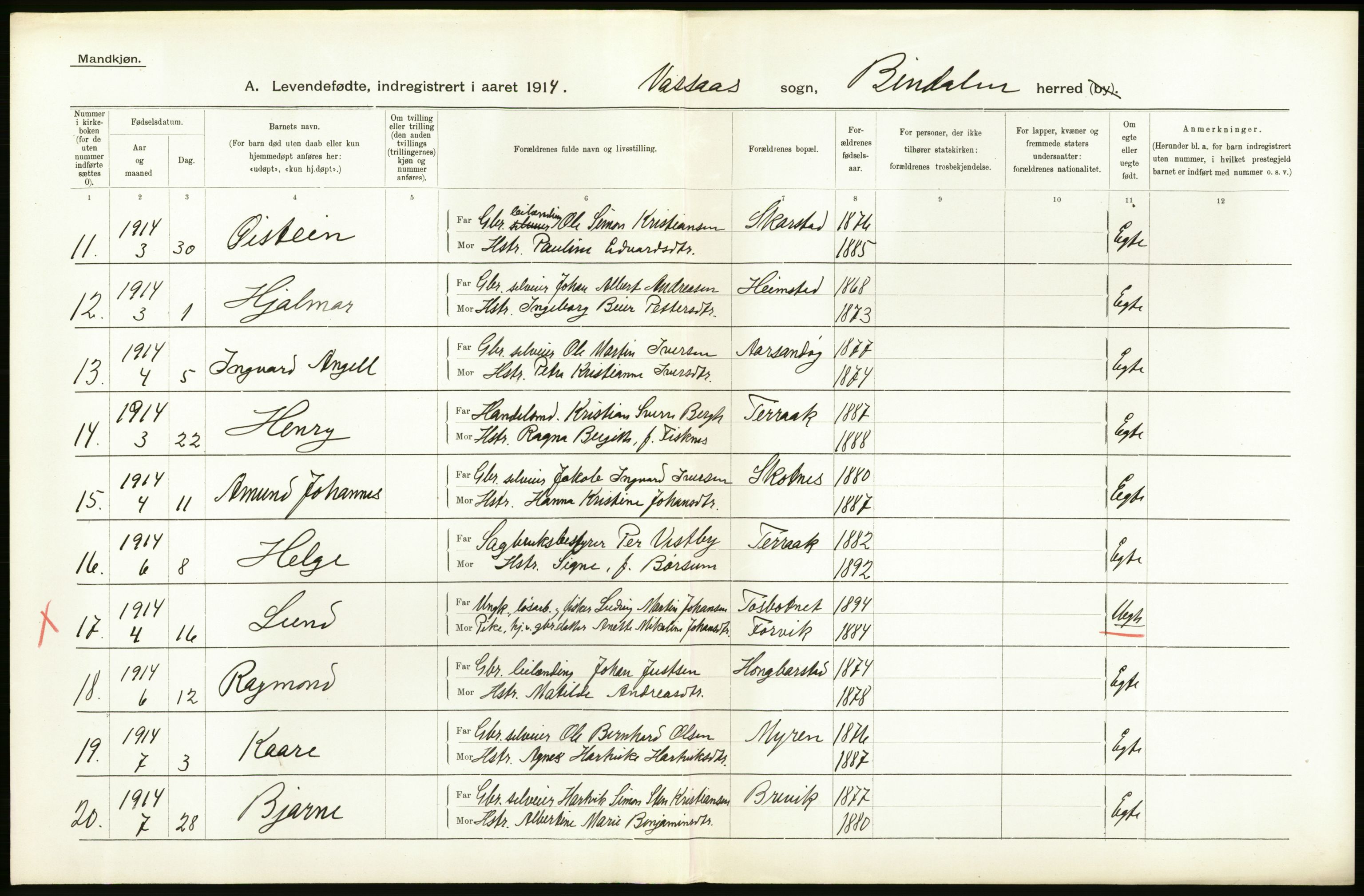 Statistisk sentralbyrå, Sosiodemografiske emner, Befolkning, AV/RA-S-2228/D/Df/Dfb/Dfbd/L0043: Nordlands amt: Levendefødte menn og kvinner. Bygder., 1914, p. 26