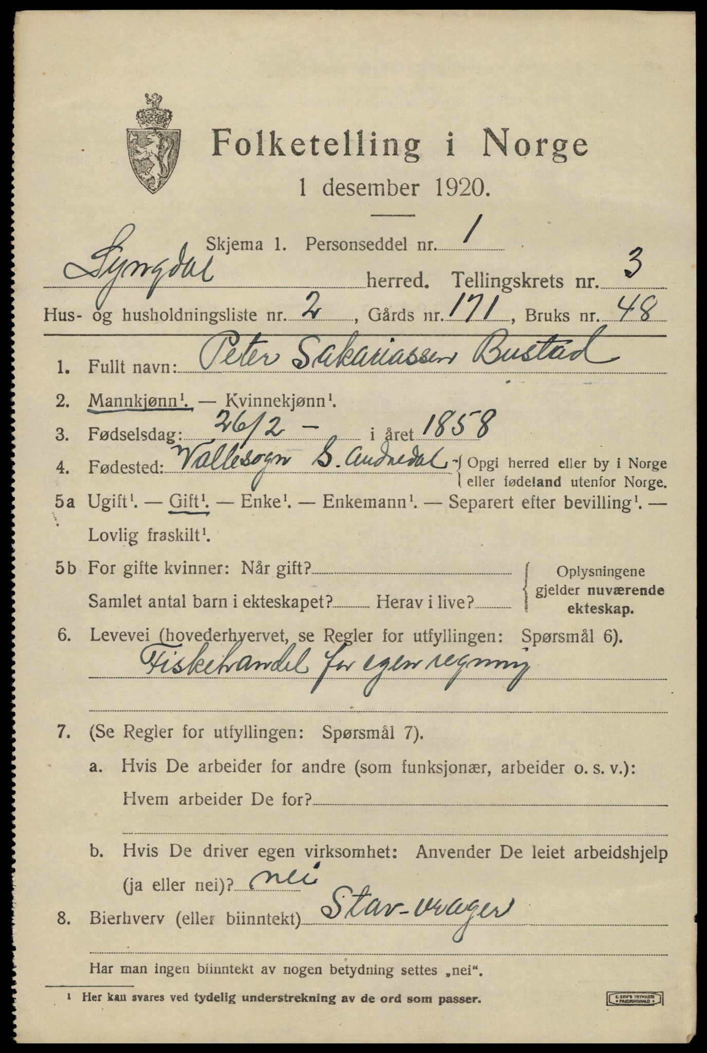 SAK, 1920 census for Lyngdal, 1920, p. 1919