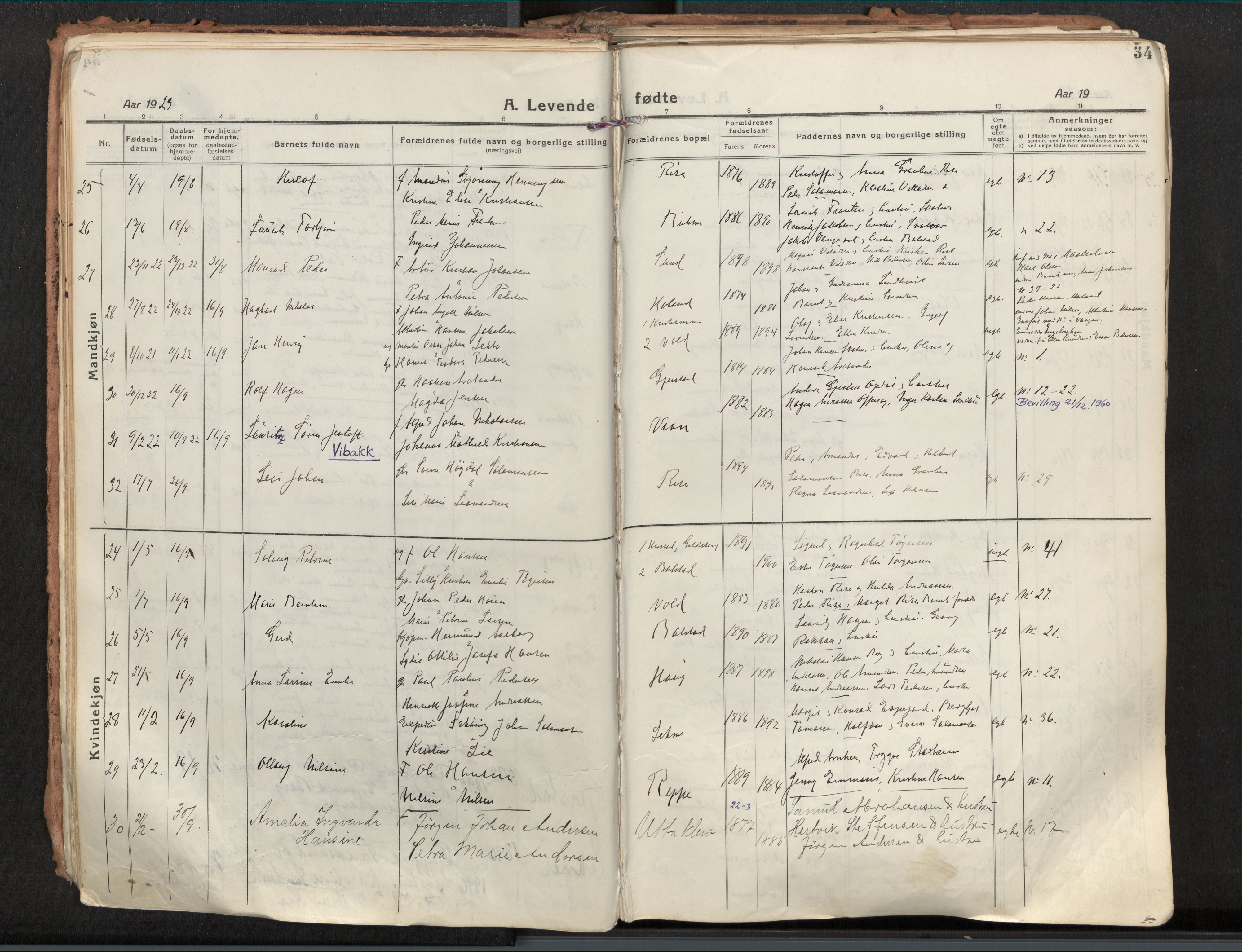 Ministerialprotokoller, klokkerbøker og fødselsregistre - Nordland, AV/SAT-A-1459/881/L1160: Parish register (official) no. 881A13, 1919-1937, p. 34
