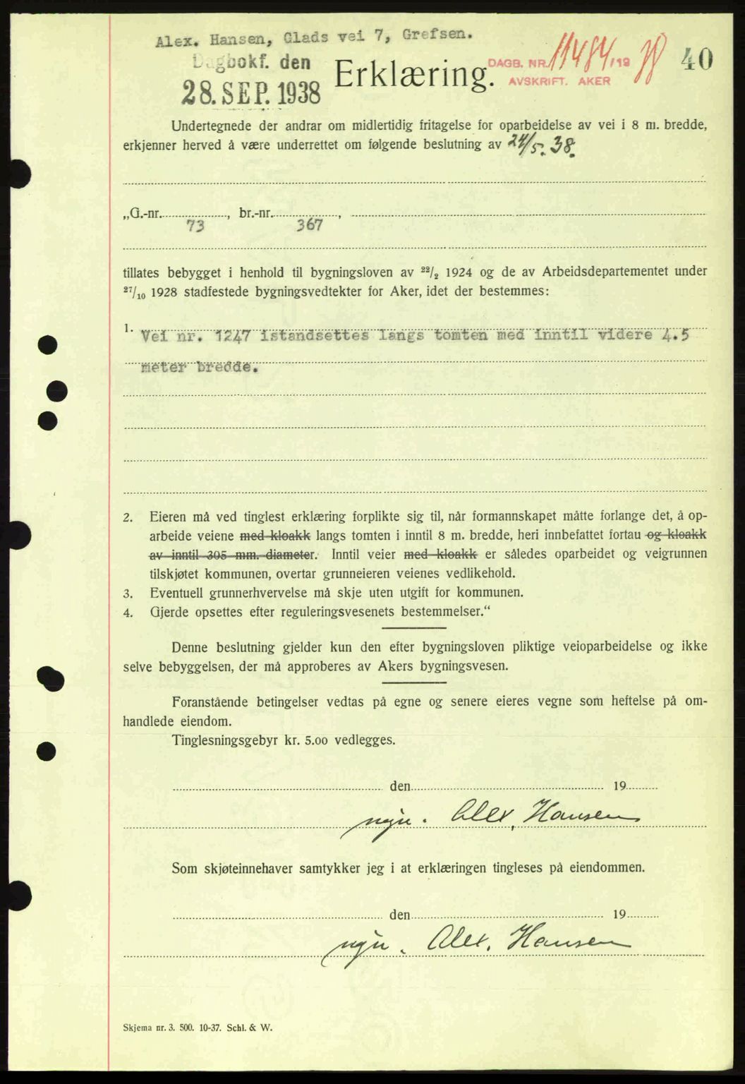 Aker herredsskriveri, SAO/A-10896/G/Gb/Gba/Gbab/L0025: Mortgage book no. A154-155, 1938-1938, Diary no: : 11484/1938