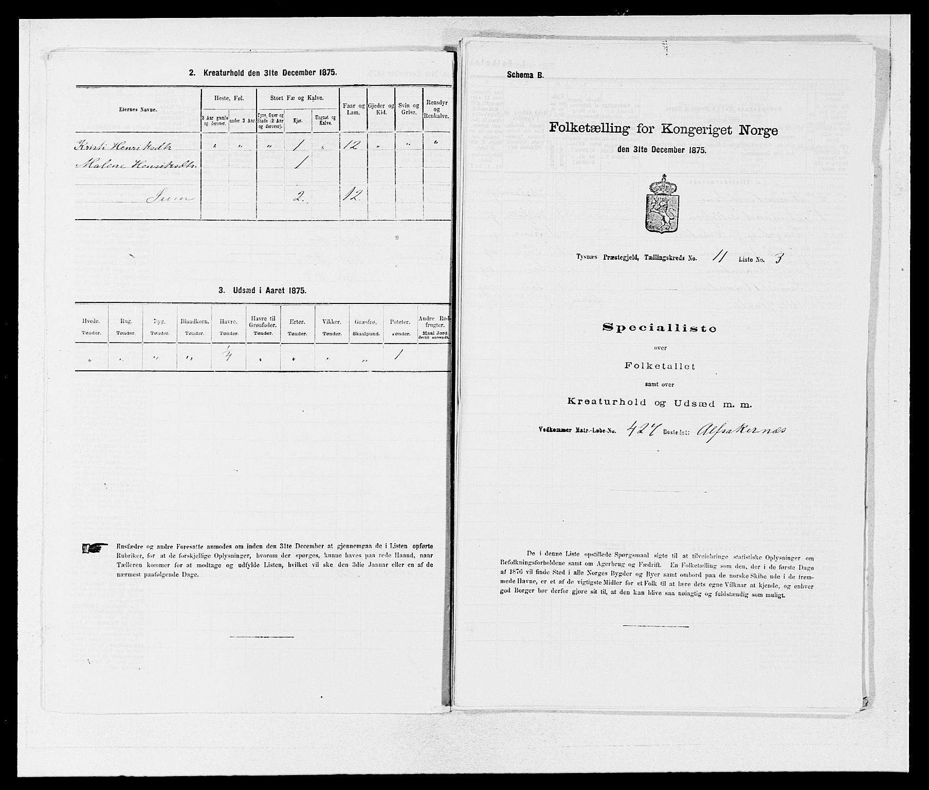 SAB, 1875 census for 1223P Tysnes, 1875, p. 1286