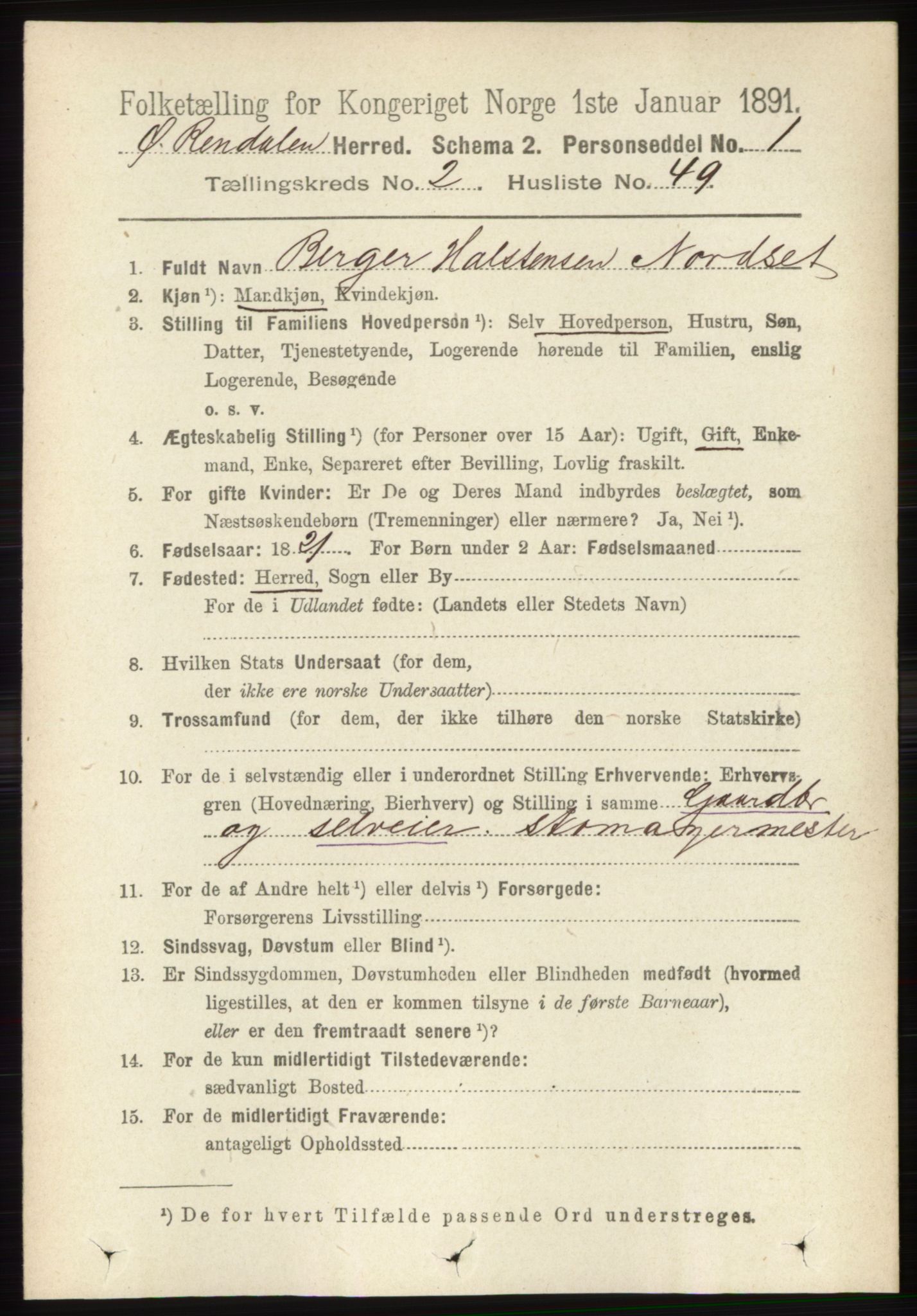 RA, 1891 census for 0433 Øvre Rendal, 1891, p. 677