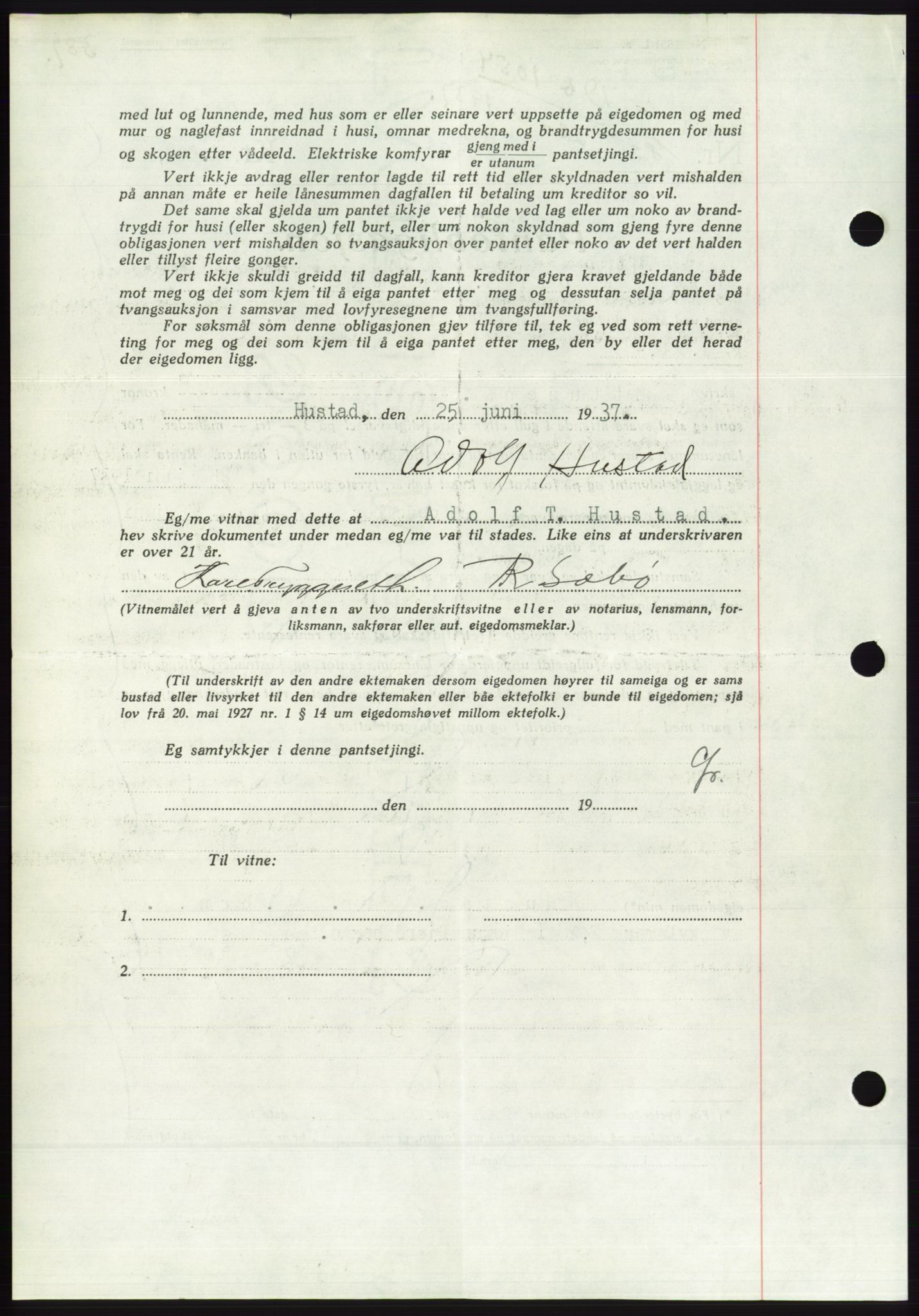 Søre Sunnmøre sorenskriveri, AV/SAT-A-4122/1/2/2C/L0063: Mortgage book no. 57, 1937-1937, Diary no: : 1054/1937