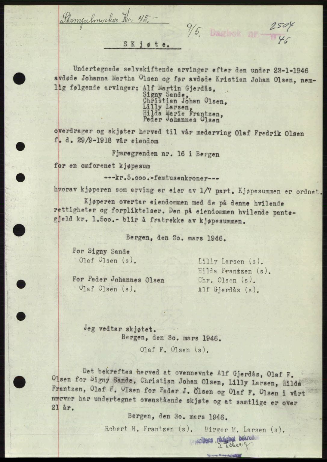Byfogd og Byskriver i Bergen, SAB/A-3401/03/03Bc/L0022: Mortgage book no. A18, 1946-1946, Diary no: : 2504/1946