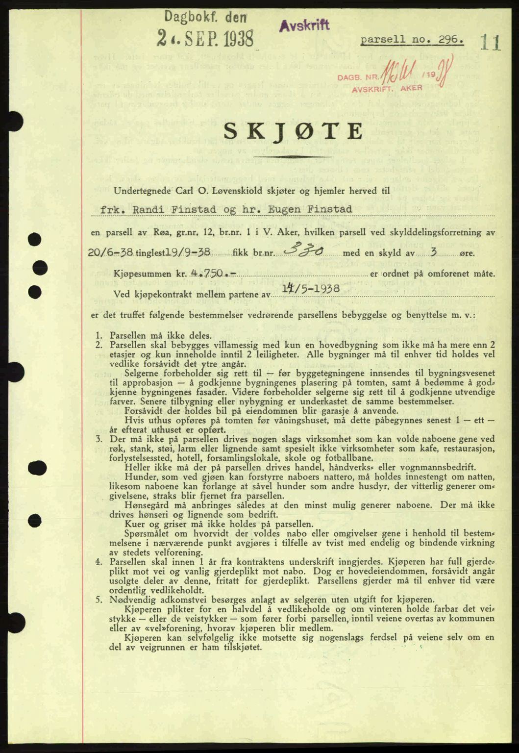 Aker herredsskriveri, SAO/A-10896/G/Gb/Gba/Gbab/L0025: Mortgage book no. A154-155, 1938-1938, Diary no: : 11361/1938