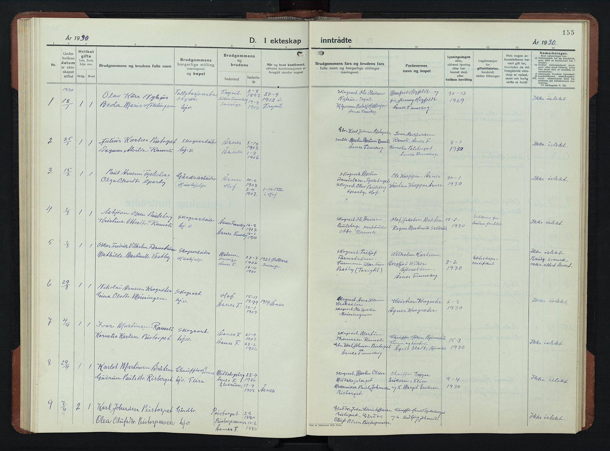 Åsnes prestekontor, SAH/PREST-042/H/Ha/Hab/L0009: Parish register (copy) no. 9, 1930-1954, p. 155