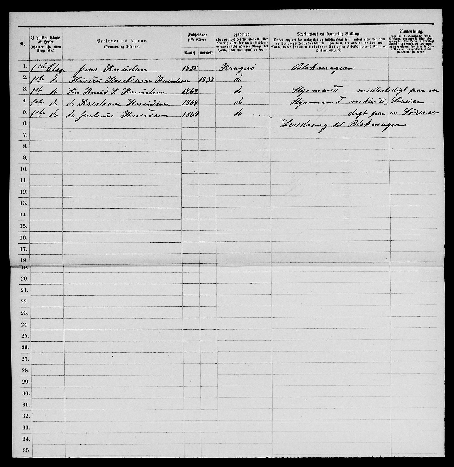 SAKO, 1885 census for 0801 Kragerø, 1885, p. 492