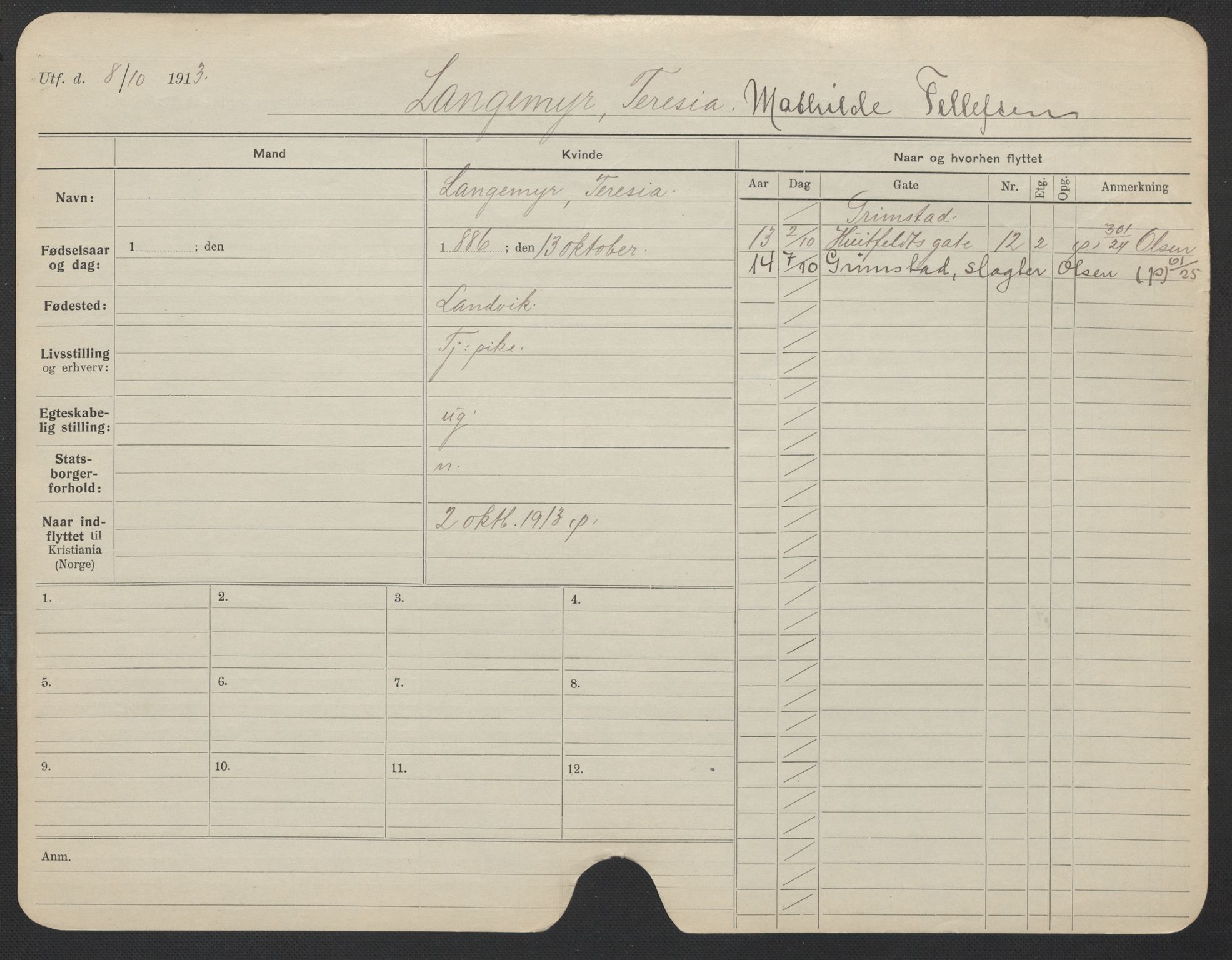 Oslo folkeregister, Registerkort, AV/SAO-A-11715/F/Fa/Fac/L0019: Kvinner, 1906-1914, p. 744a