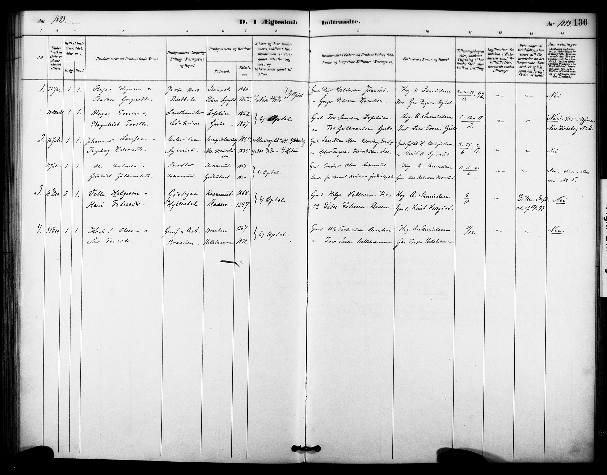 Nore kirkebøker, SAKO/A-238/F/Fc/L0004: Parish register (official) no. III 4, 1885-1898, p. 136