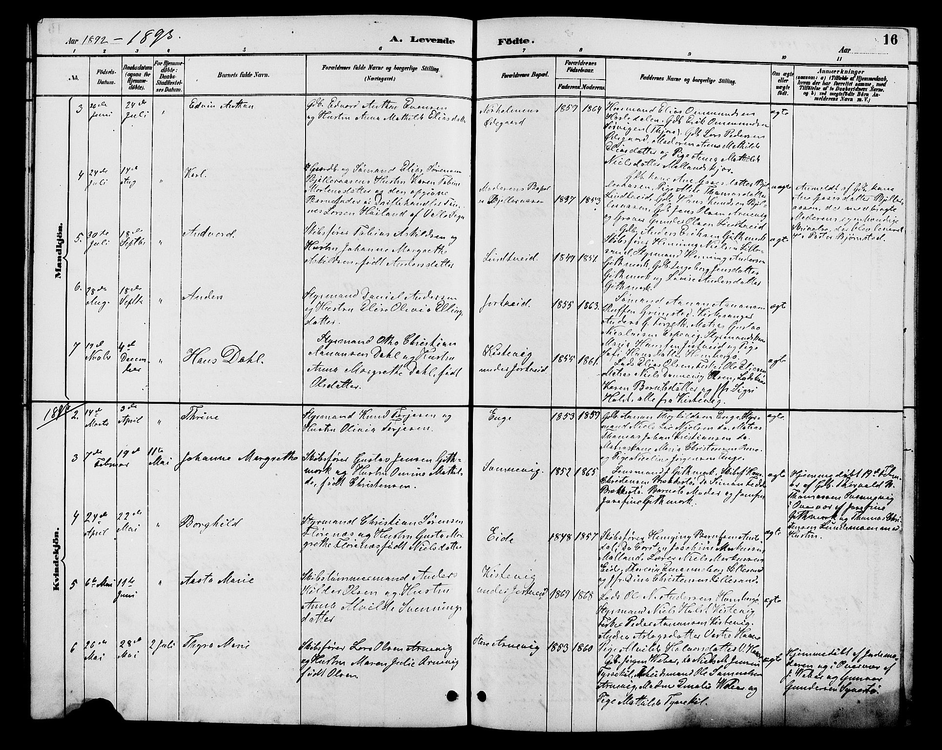 Hommedal sokneprestkontor, AV/SAK-1111-0023/F/Fb/Fba/L0004: Parish register (copy) no. B 4, 1885-1908, p. 16