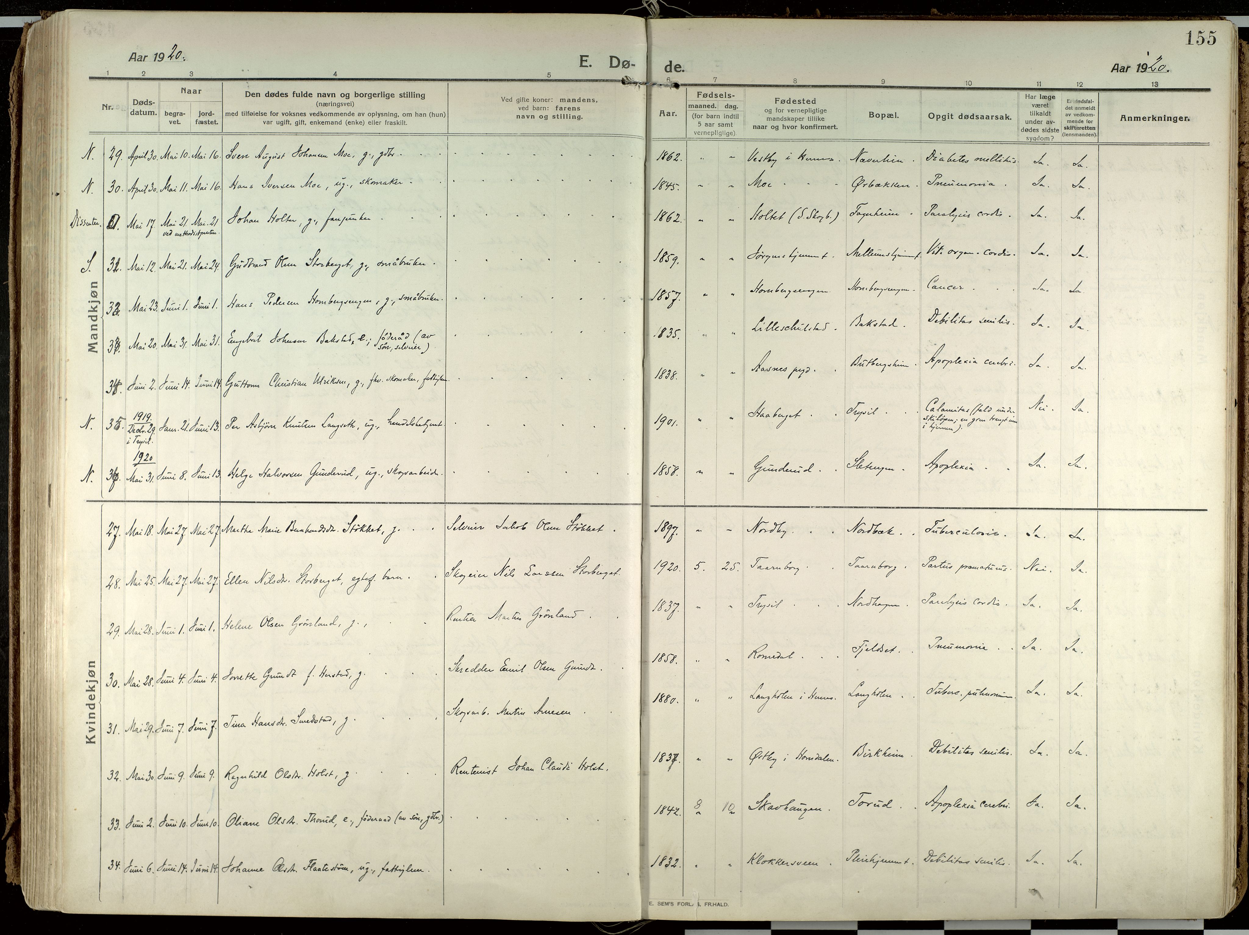 Elverum prestekontor, AV/SAH-PREST-044/H/Ha/Haa/L0021: Parish register (official) no. 21, 1913-1928, p. 155