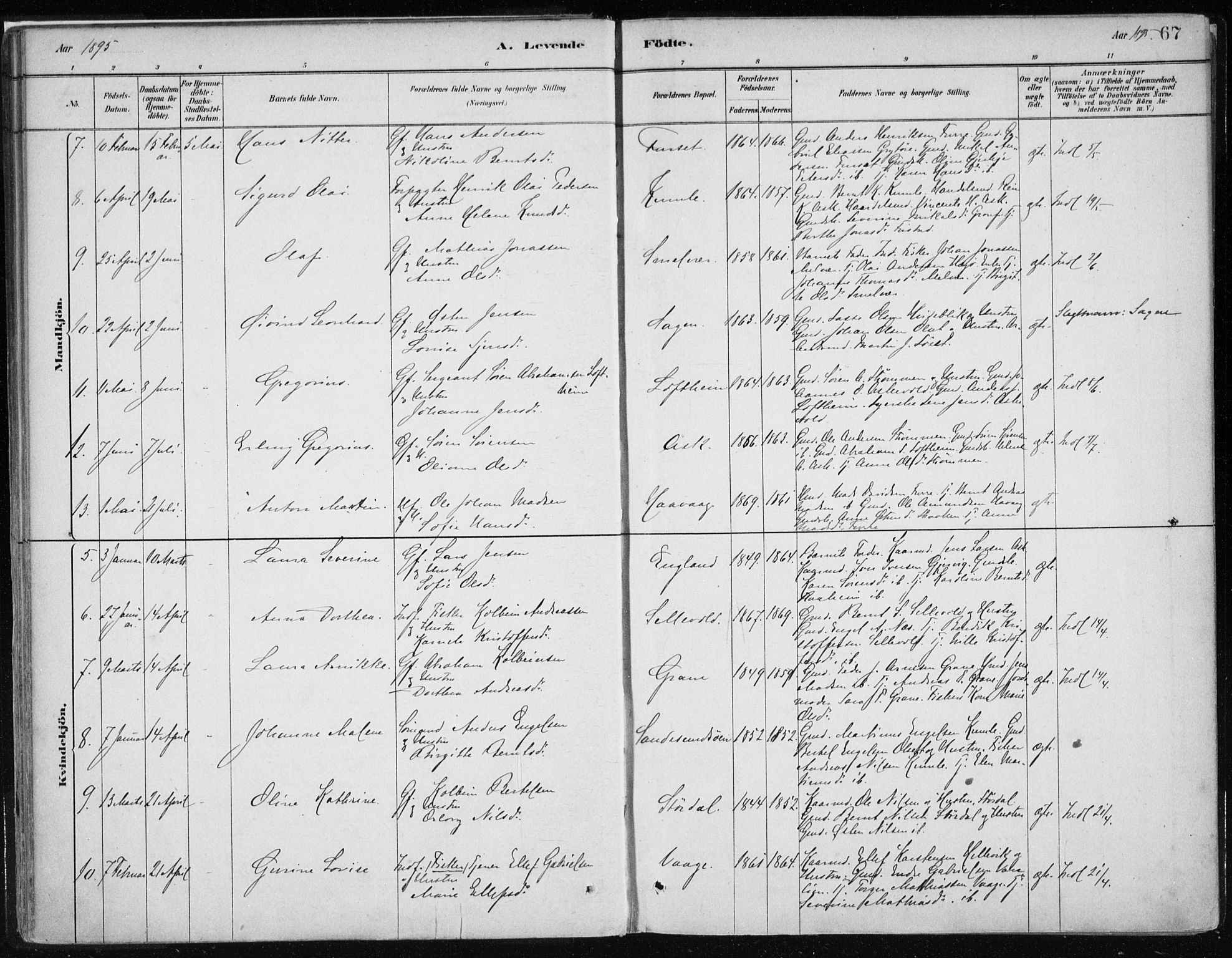 Askvoll sokneprestembete, AV/SAB-A-79501/H/Haa/Haab/L0002: Parish register (official) no. B 2, 1879-1909, p. 67