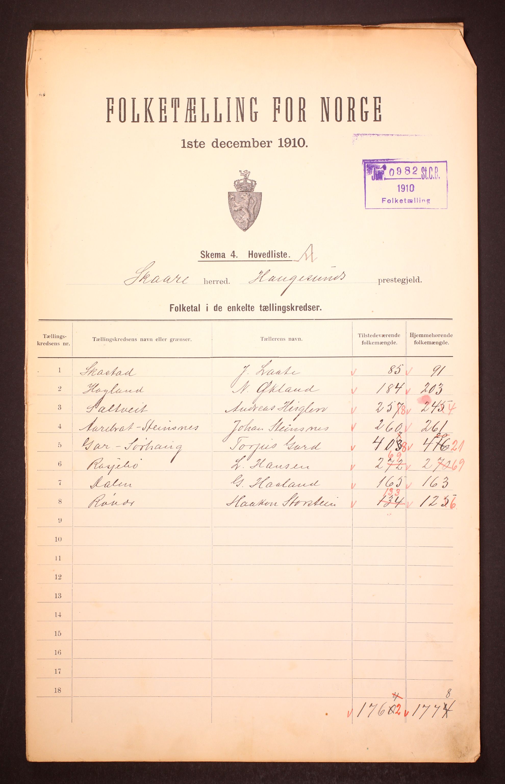 RA, 1910 census for Skåre, 1910, p. 2