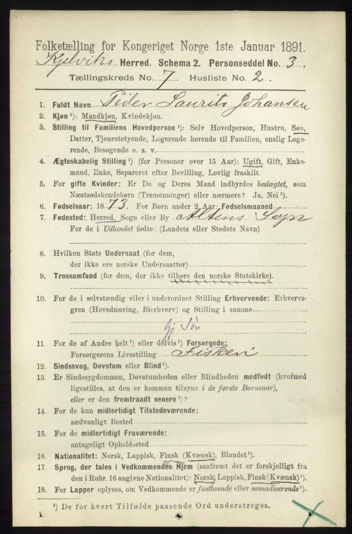 RA, 1891 census for 2019 Kjelvik, 1891, p. 892