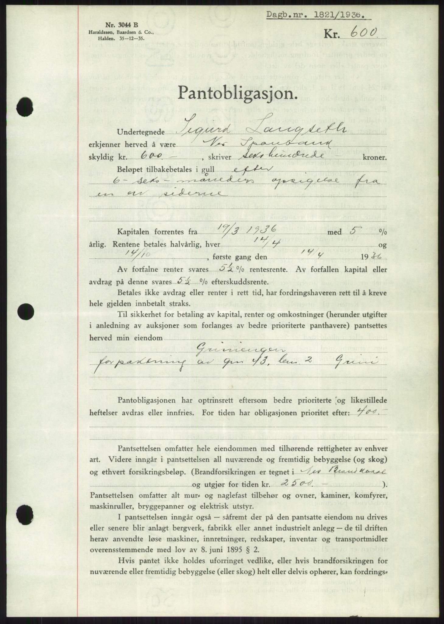 Nord-Hedmark sorenskriveri, SAH/TING-012/H/Hb/Hbf/L0001: Mortgage book no. B1, 1936-1936, Diary no: : 1821/1936