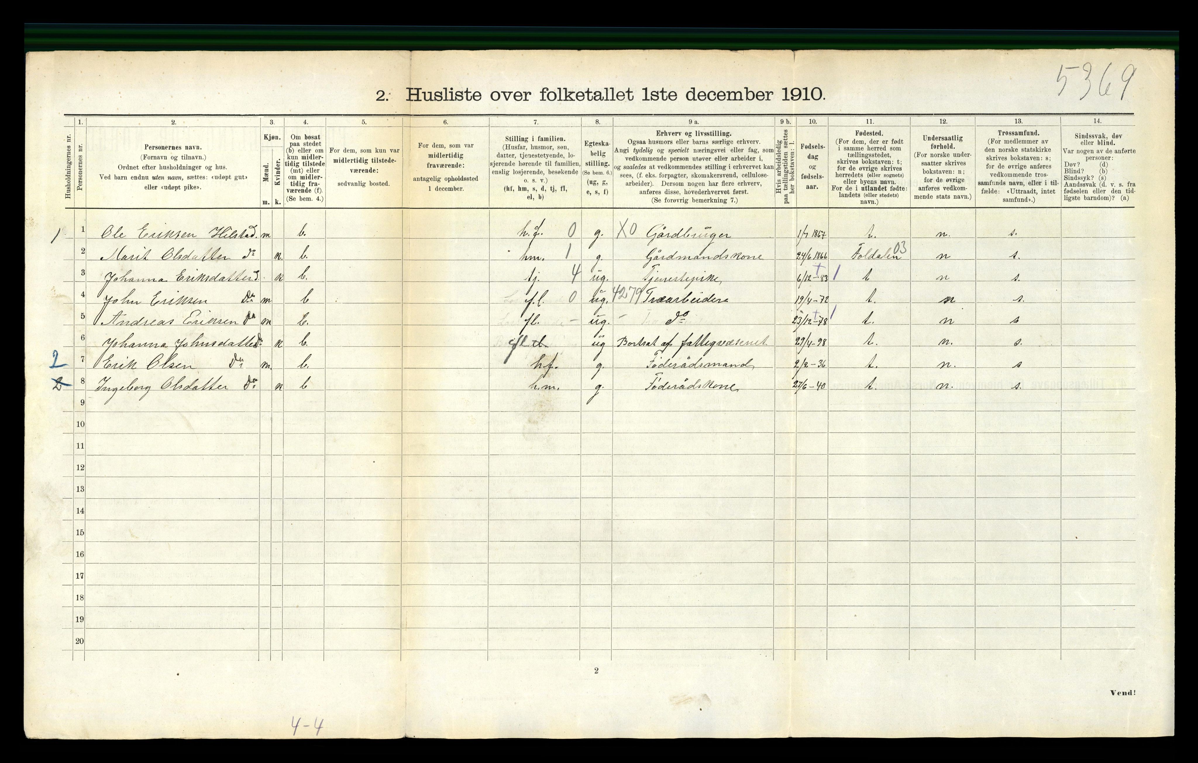 RA, 1910 census for Meldal, 1910, p. 834