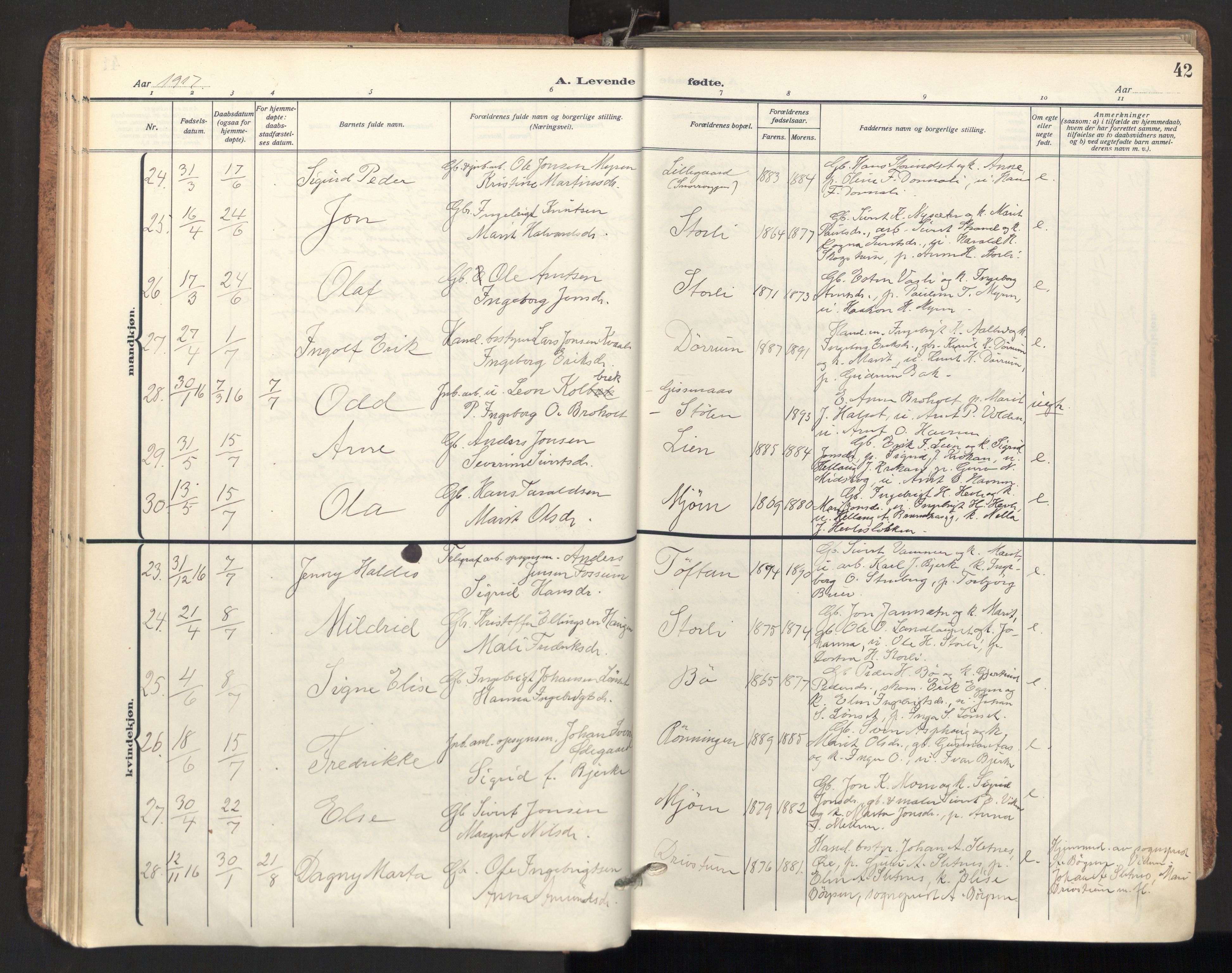 Ministerialprotokoller, klokkerbøker og fødselsregistre - Sør-Trøndelag, AV/SAT-A-1456/678/L0909: Parish register (official) no. 678A17, 1912-1930, p. 42