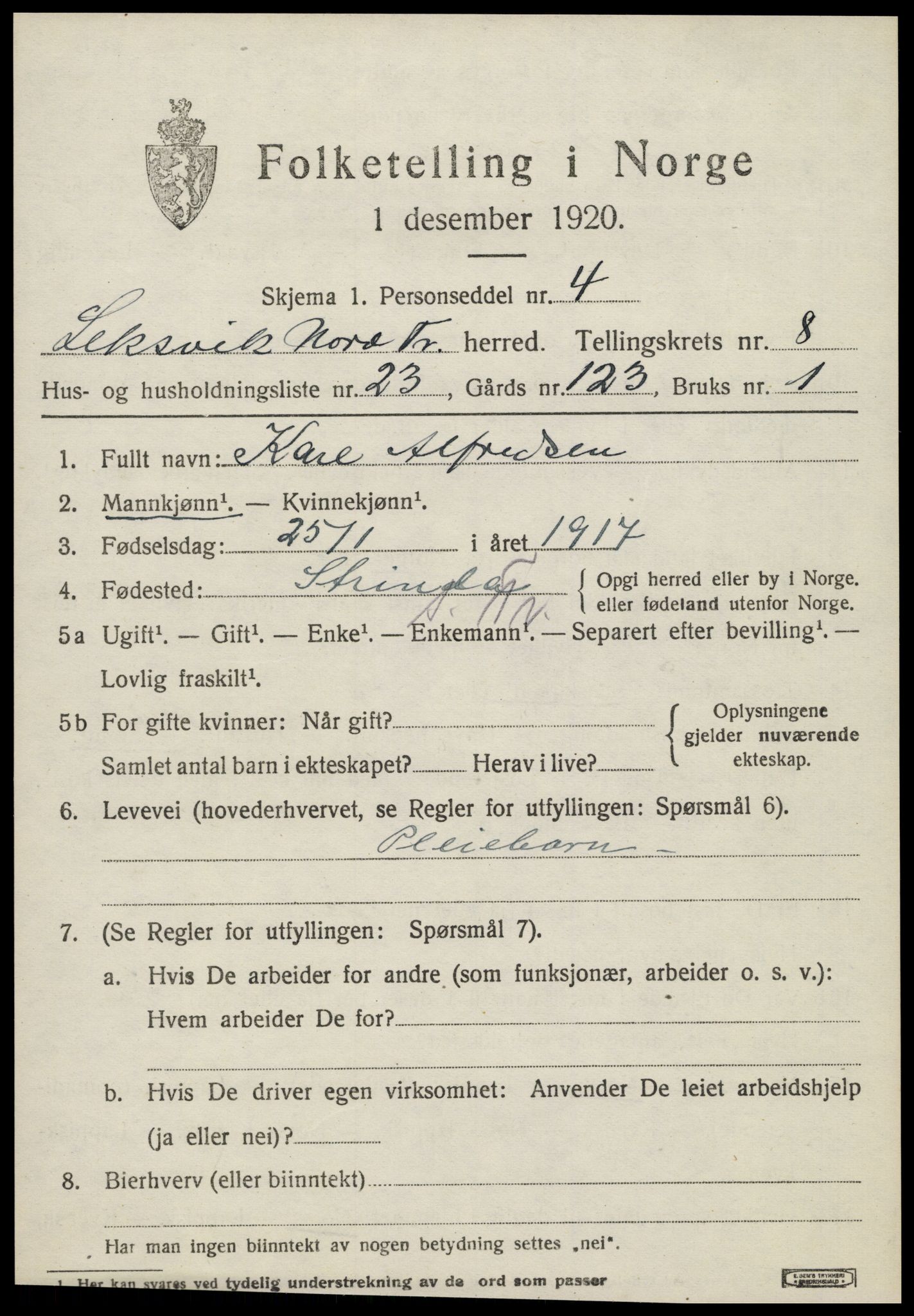 SAT, 1920 census for Leksvik, 1920, p. 6812