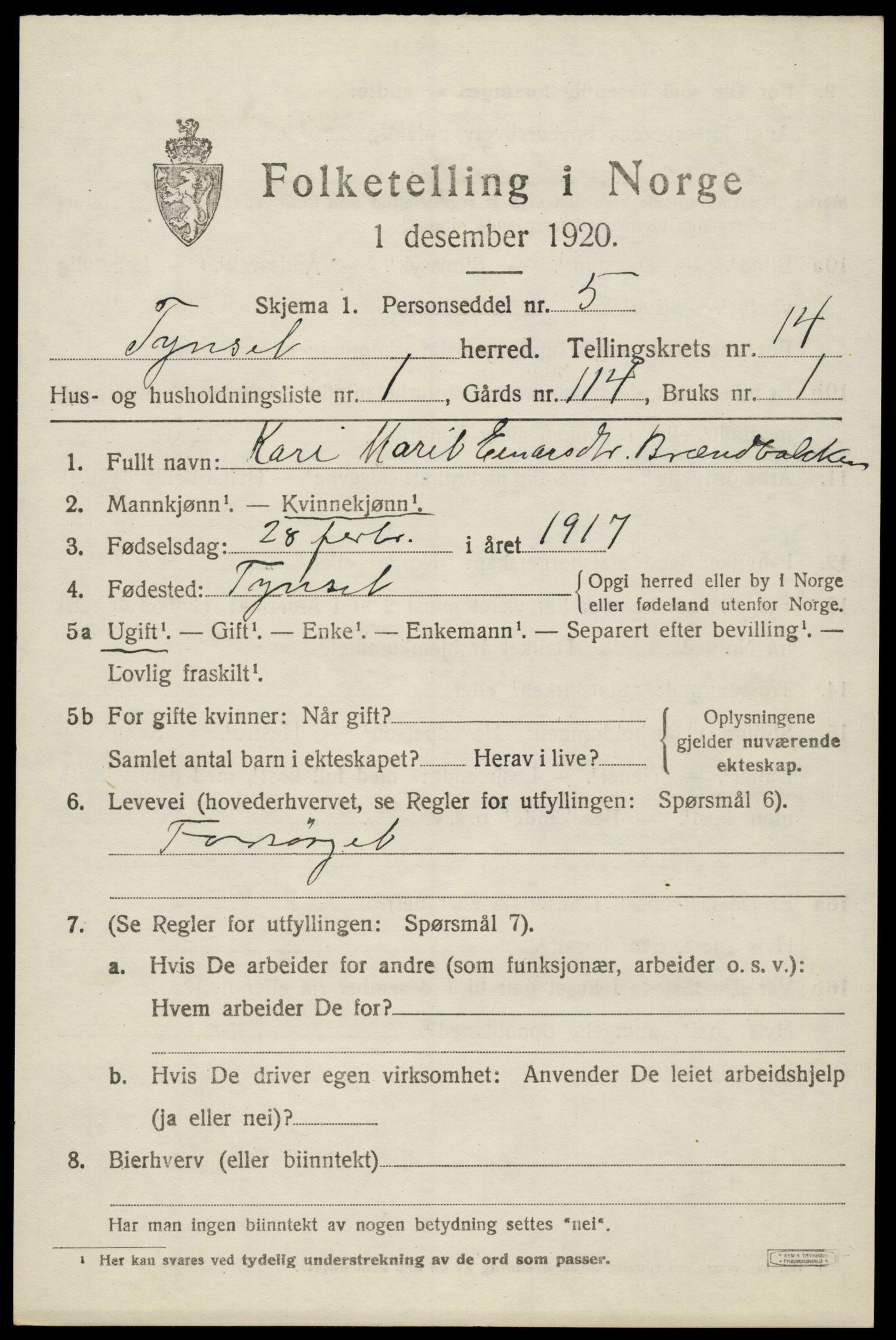 SAH, 1920 census for Tynset, 1920, p. 8936