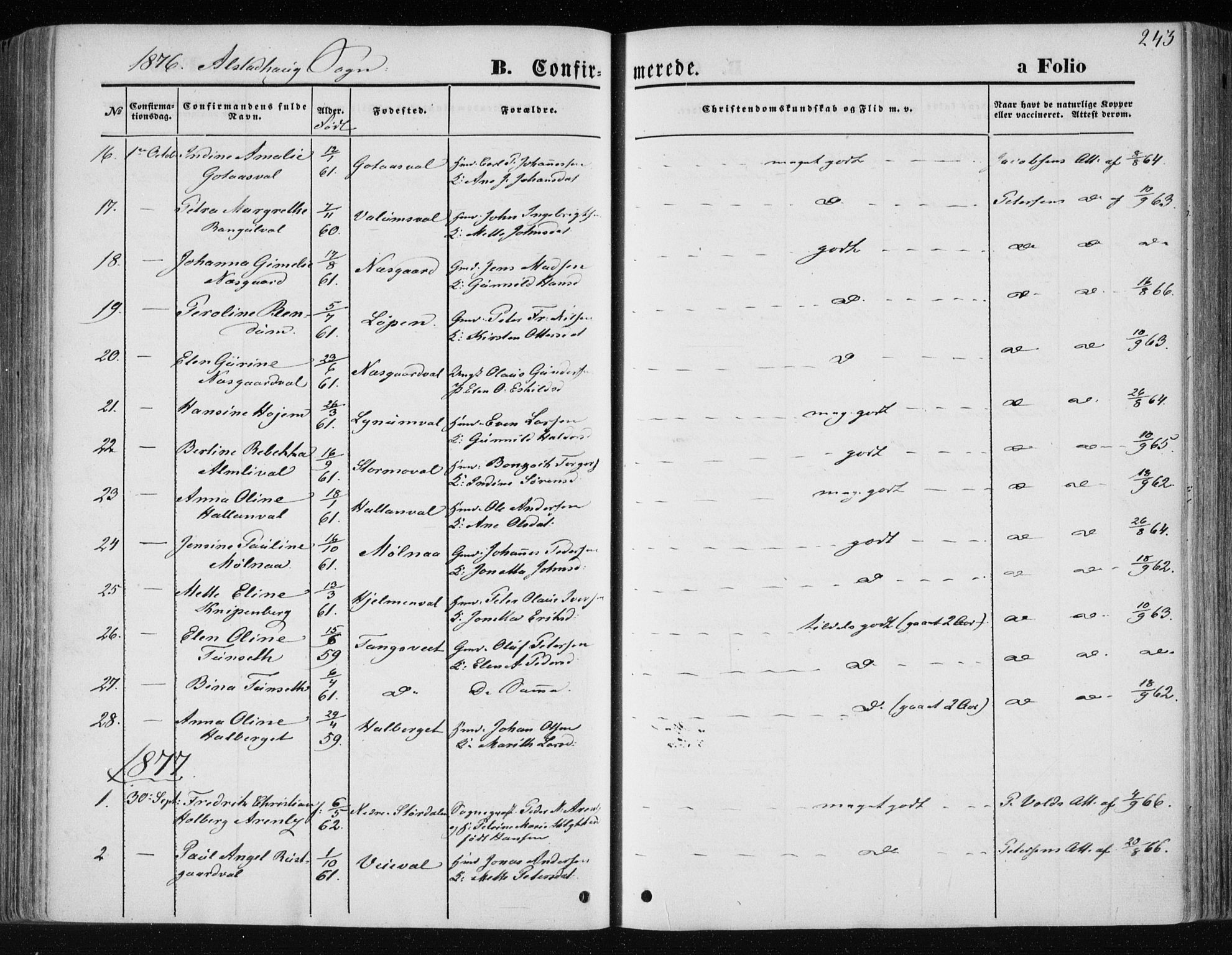 Ministerialprotokoller, klokkerbøker og fødselsregistre - Nord-Trøndelag, AV/SAT-A-1458/717/L0157: Parish register (official) no. 717A08 /1, 1863-1877, p. 243