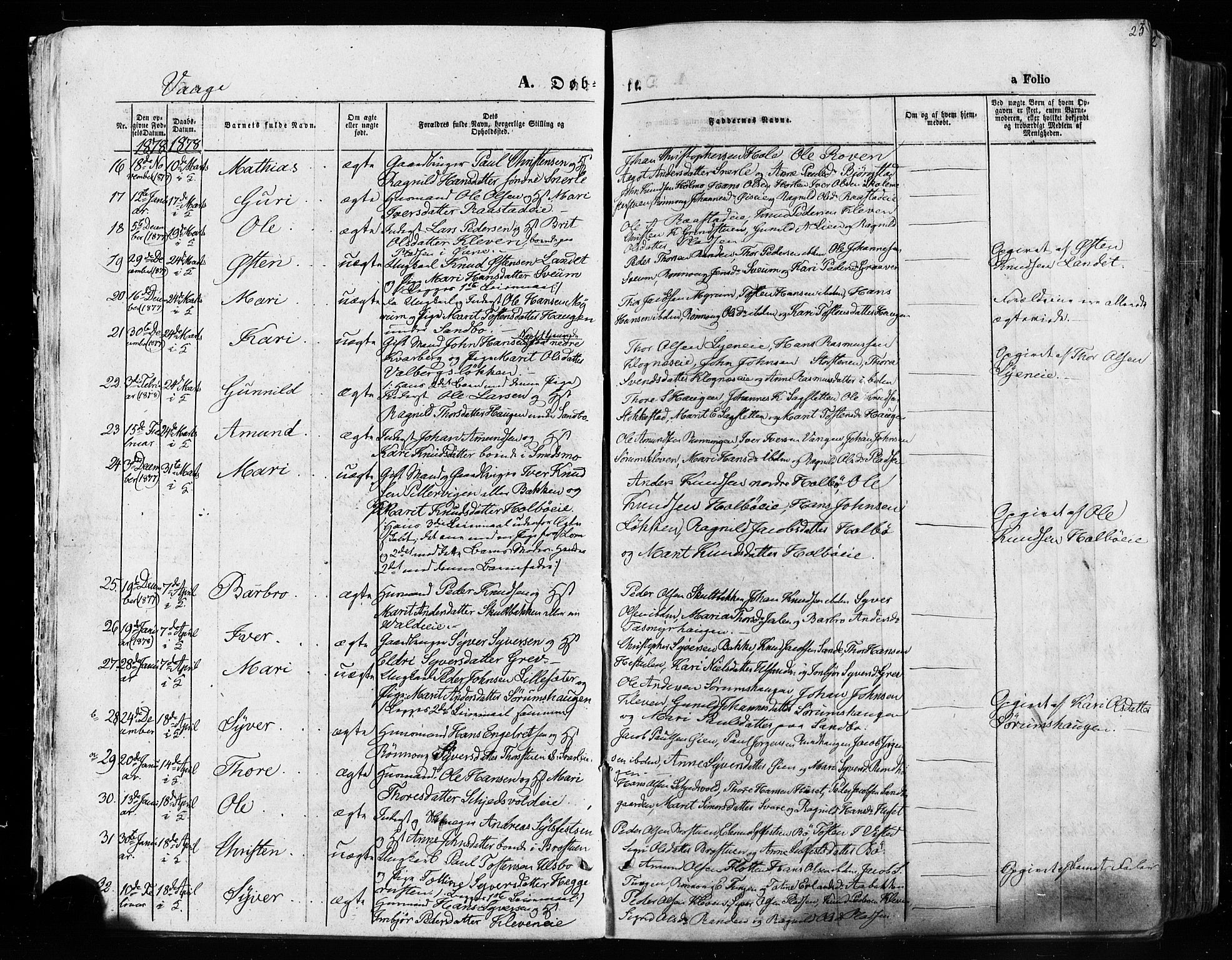 Vågå prestekontor, AV/SAH-PREST-076/H/Ha/Haa/L0007: Parish register (official) no. 7 /1, 1872-1886, p. 25