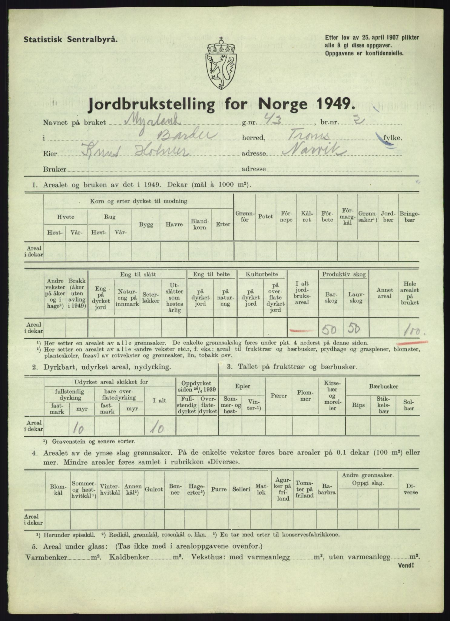 Statistisk sentralbyrå, Næringsøkonomiske emner, Jordbruk, skogbruk, jakt, fiske og fangst, AV/RA-S-2234/G/Gc/L0438: Troms: Salangen og Bardu, 1949, p. 920