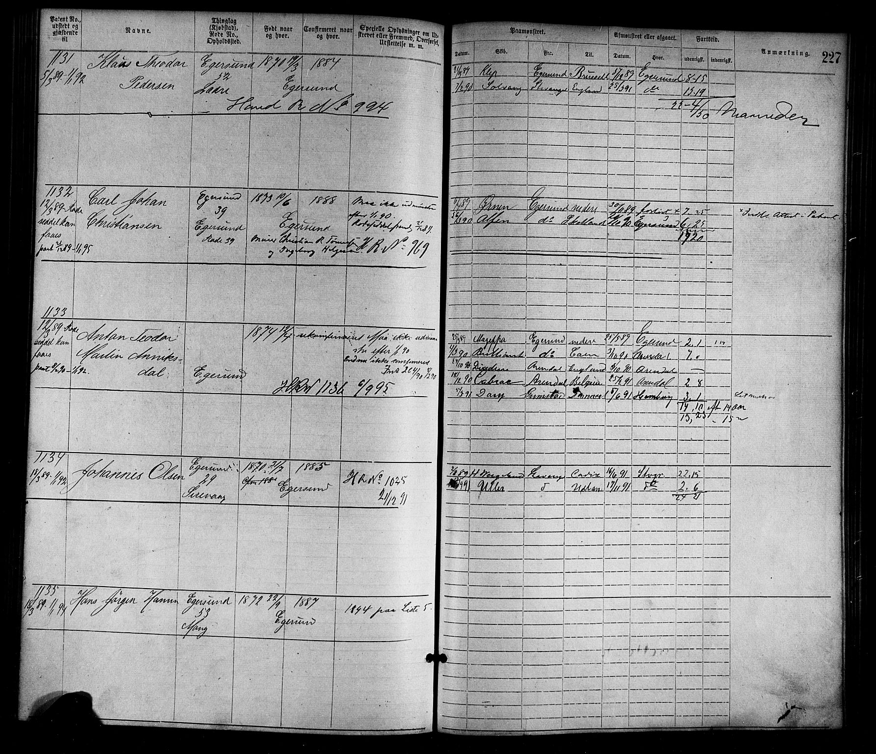 Egersund mønstringskrets, SAK/2031-0019/F/Fa/L0001: Annotasjonsrulle nr 1-1440 med register, O-1, 1869-1895, p. 251