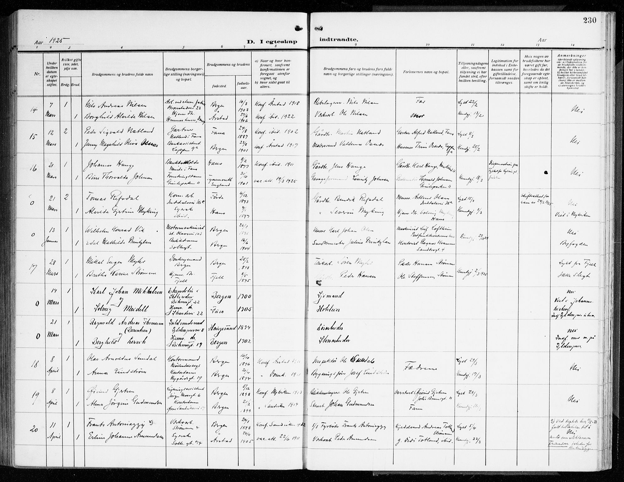 Årstad Sokneprestembete, AV/SAB-A-79301/H/Haa/L0004: Parish register (official) no. A 4, 1919-1928, p. 230