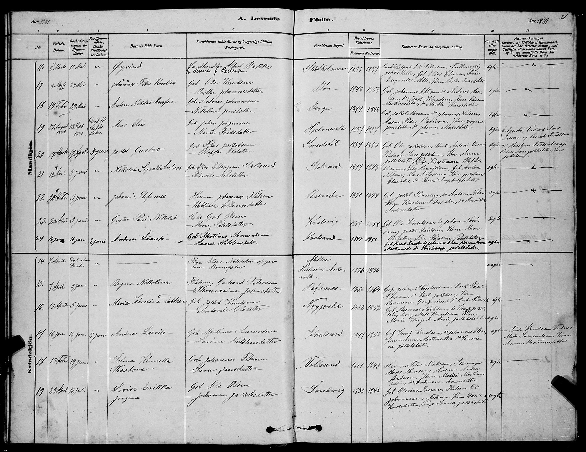 Ministerialprotokoller, klokkerbøker og fødselsregistre - Møre og Romsdal, AV/SAT-A-1454/507/L0081: Parish register (copy) no. 507C04, 1878-1898, p. 21