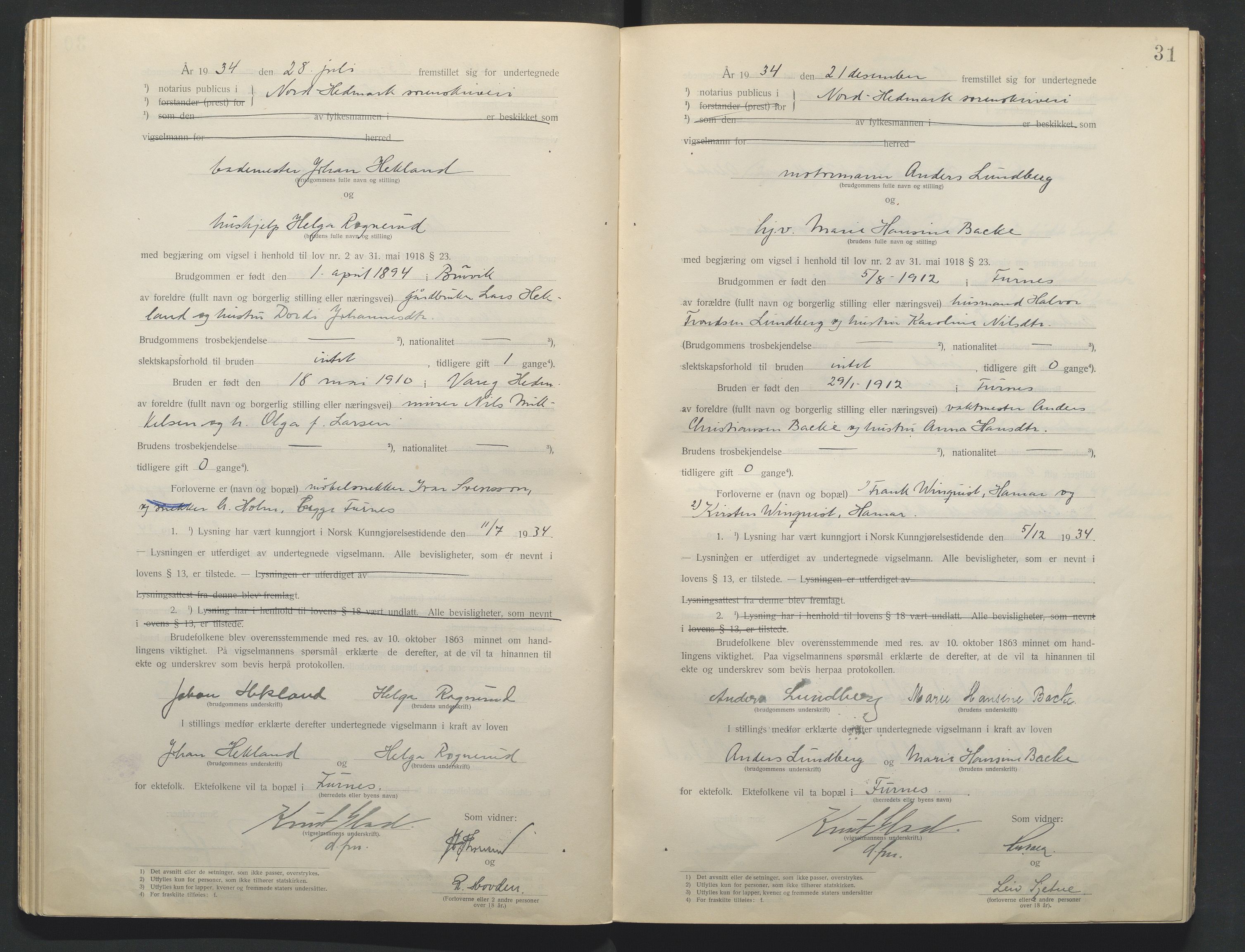 Nord-Hedmark sorenskriveri, AV/SAH-TING-012/L/Lc/L0001/0001: Vigselsprotokoller / Vigselsprotokoll, 1920-1942, p. 31