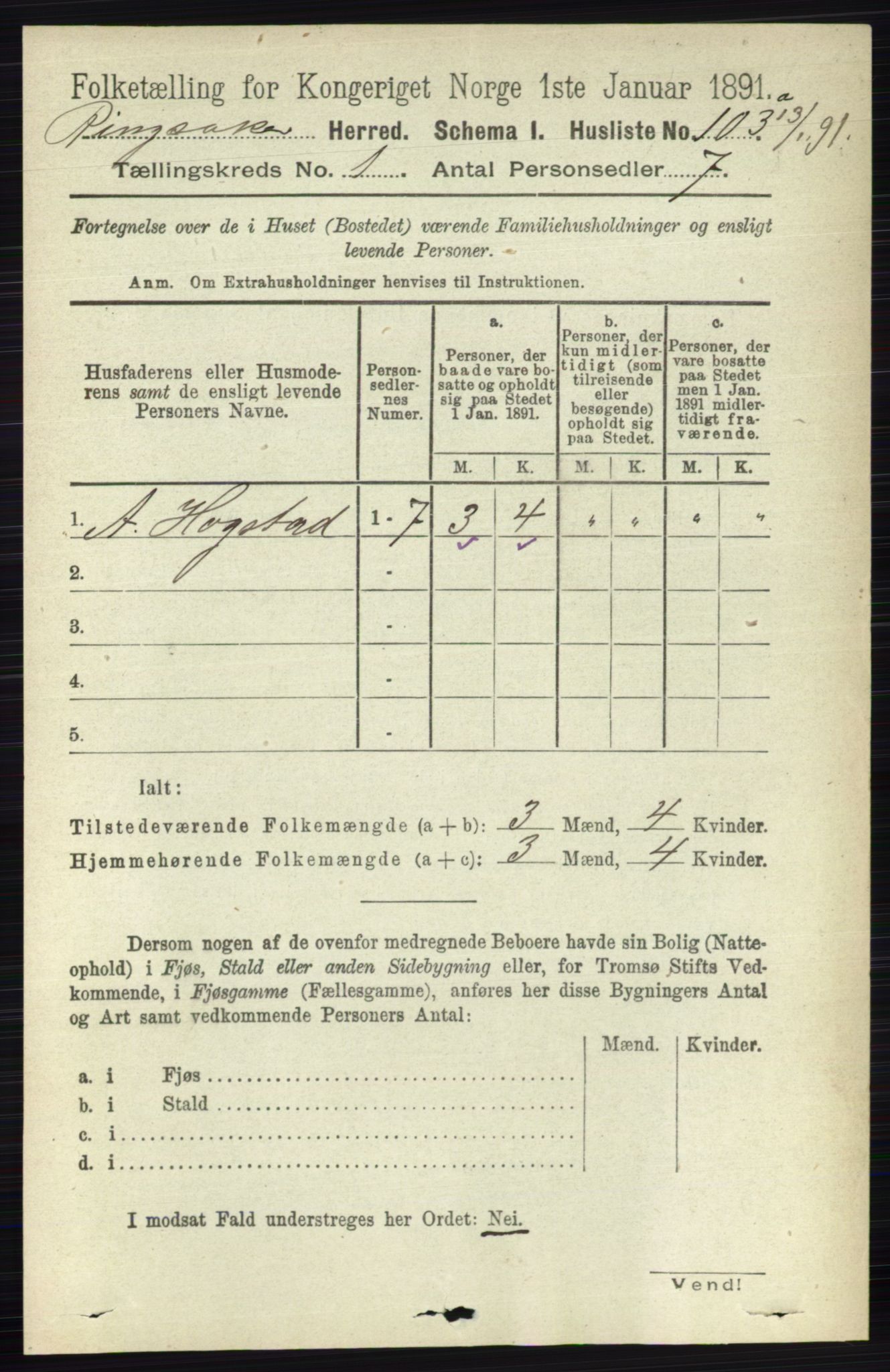 RA, 1891 census for 0412 Ringsaker, 1891, p. 169