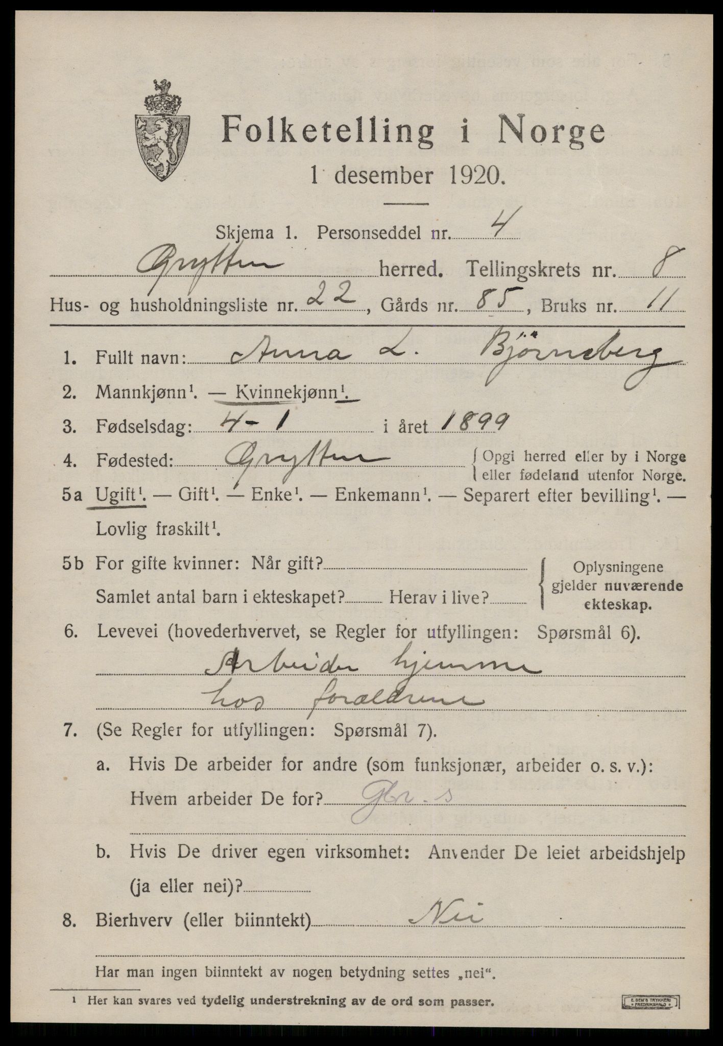 SAT, 1920 census for Grytten, 1920, p. 6192