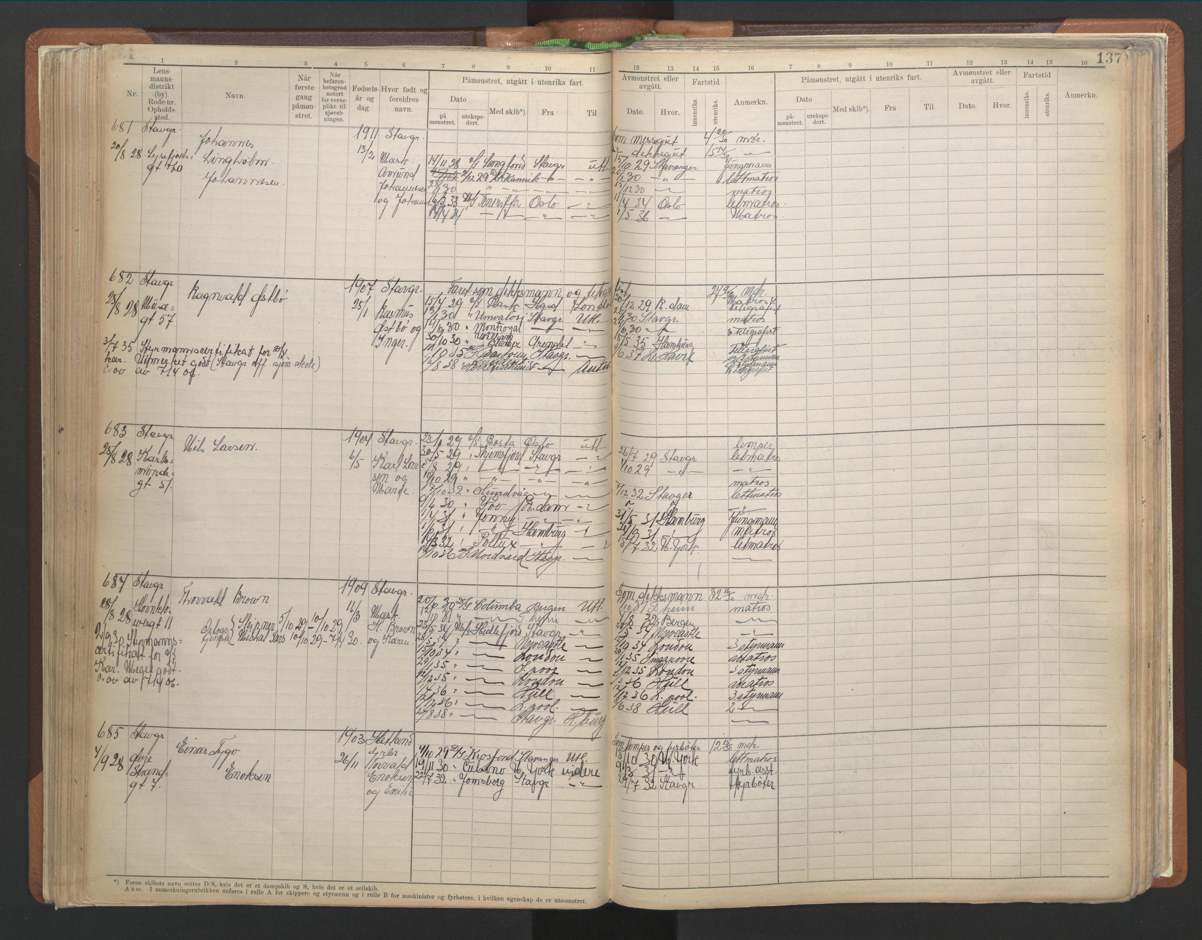 Stavanger sjømannskontor, AV/SAST-A-102006/F/Fb/Fbb/L0013: Sjøfartshovedrulle A, patentnr. 1-1495 (del 1), 1921-1933, p. 143