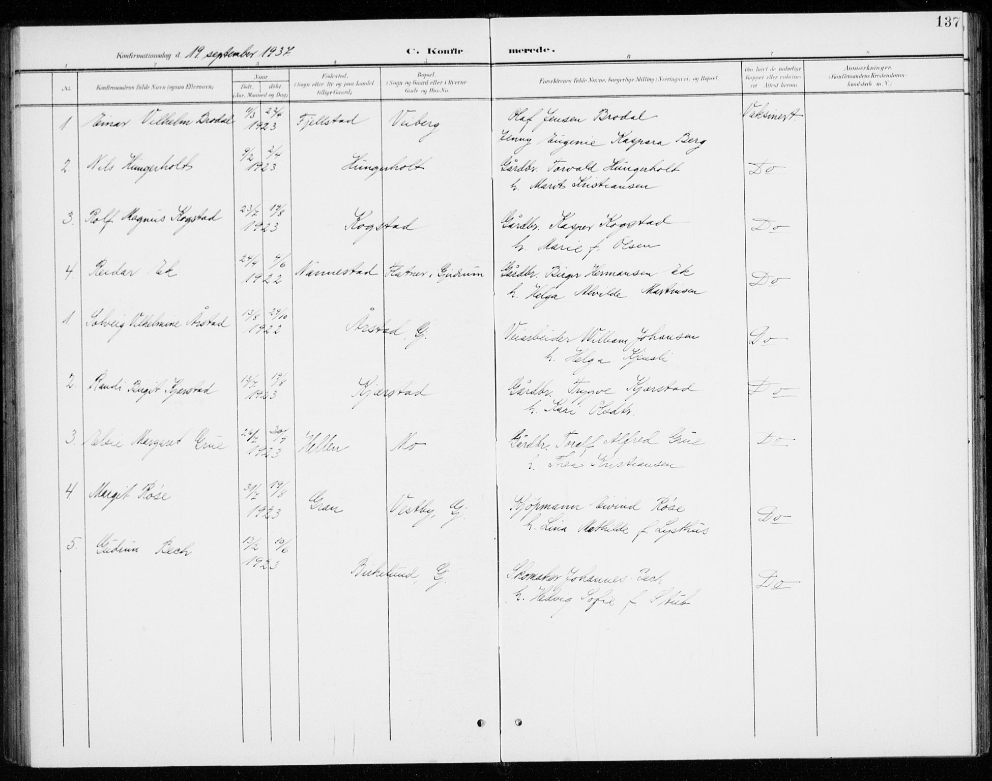 Gjerdrum prestekontor Kirkebøker, AV/SAO-A-10412b/G/Gb/L0001: Parish register (copy) no. II 1, 1901-1944, p. 137