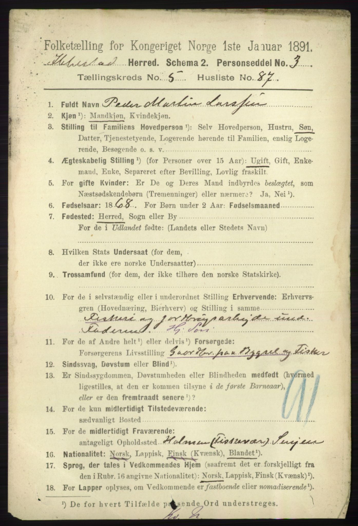 RA, 1891 census for 1917 Ibestad, 1891, p. 3481