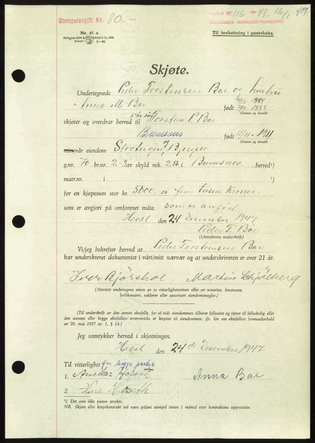 Nordmøre sorenskriveri, AV/SAT-A-4132/1/2/2Ca: Mortgage book no. A107, 1947-1948, Diary no: : 116/1948