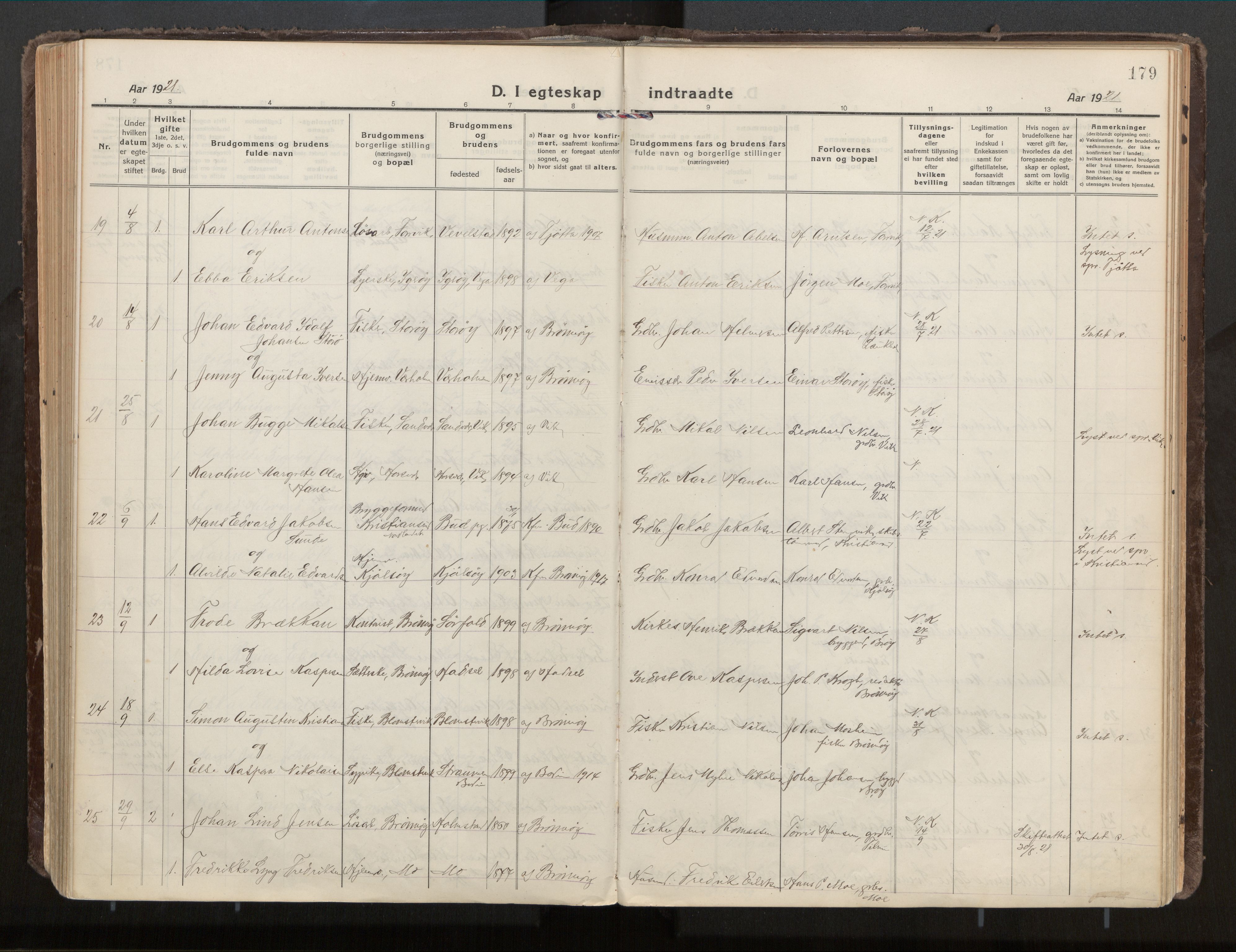 Ministerialprotokoller, klokkerbøker og fødselsregistre - Nordland, SAT/A-1459/813/L0207a: Parish register (official) no. 813A18, 1919-1927, p. 179