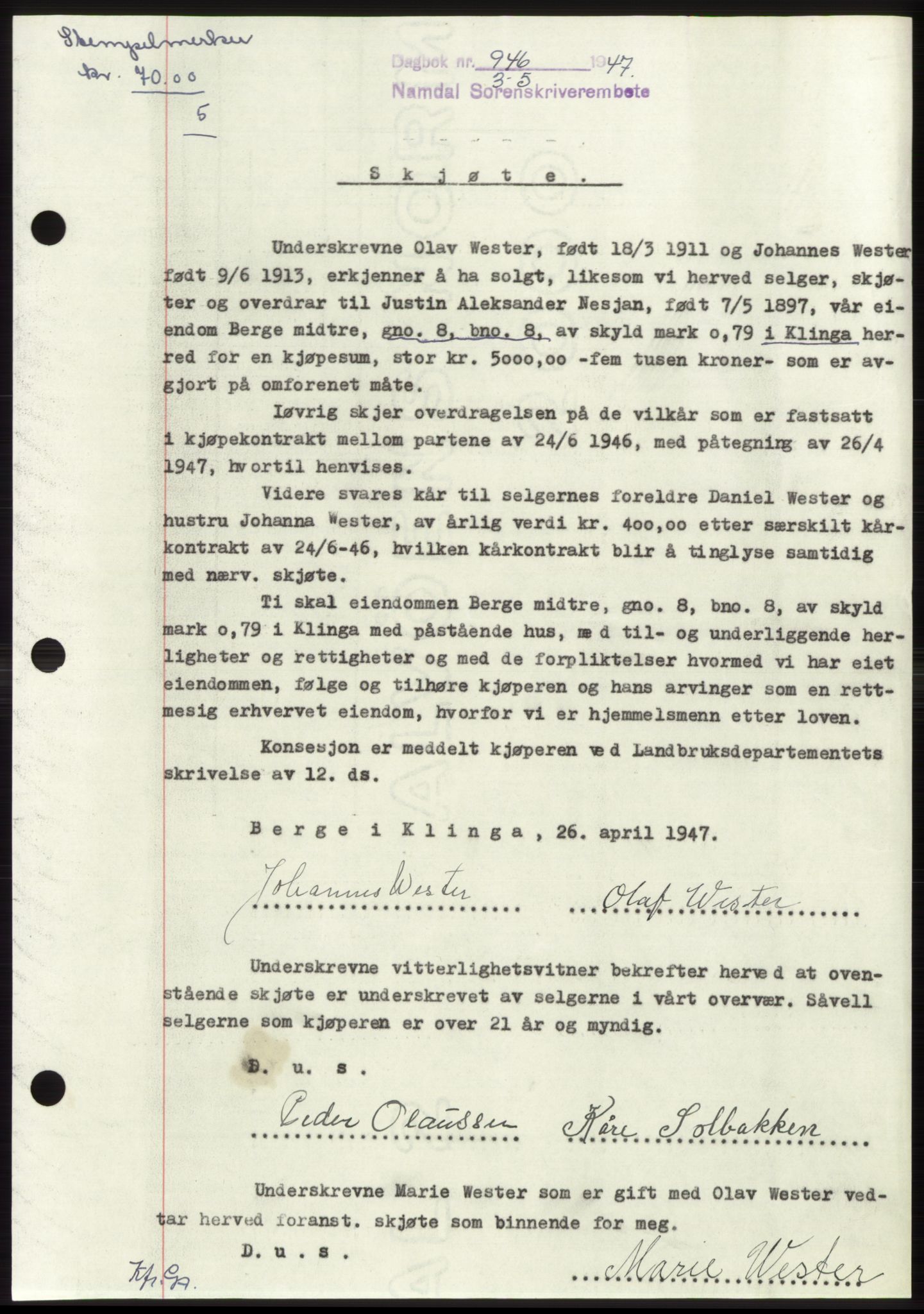 Namdal sorenskriveri, AV/SAT-A-4133/1/2/2C: Mortgage book no. -, 1947-1947, Diary no: : 946/1947