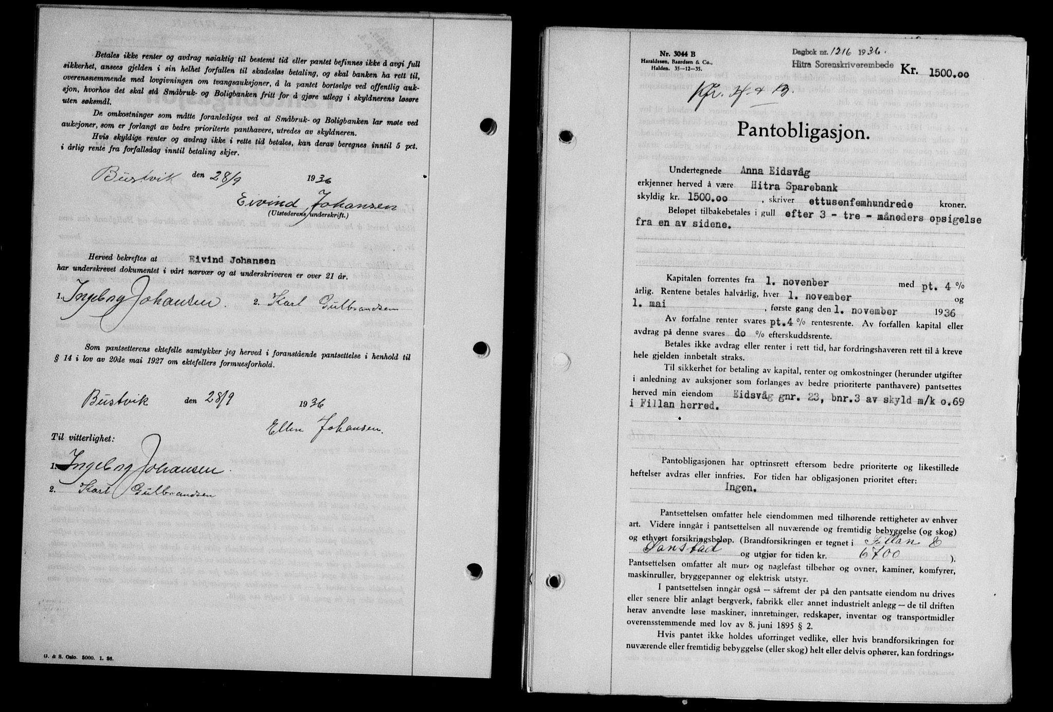 Hitra sorenskriveri, AV/SAT-A-0018/2/2C/2Ca/L0028: Mortgage book no. B-1, 1936-1939, Diary no: : 1216/1936