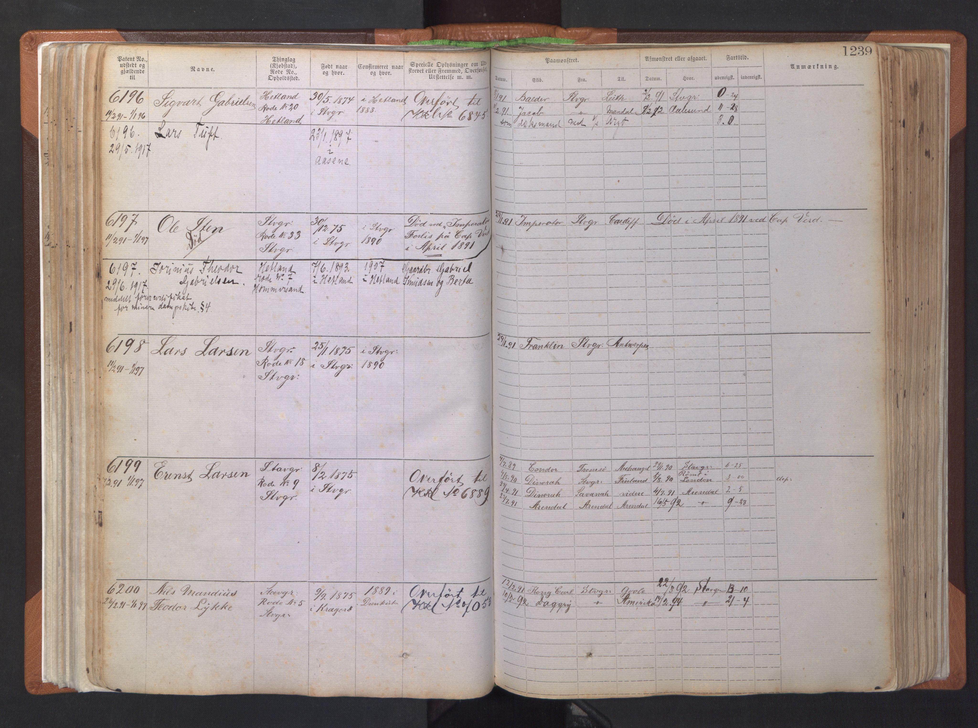 Stavanger sjømannskontor, AV/SAST-A-102006/F/Ff/L0007: Annotasjonsrulle, patentnr. 5506-7180, 1887-1900, p. 144