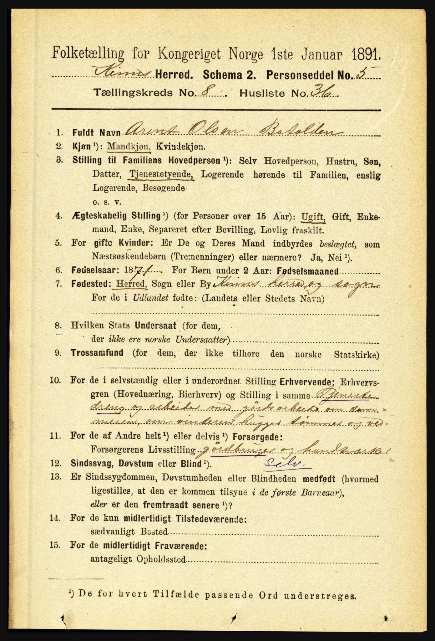 RA, 1891 census for 1437 Kinn, 1891, p. 3341