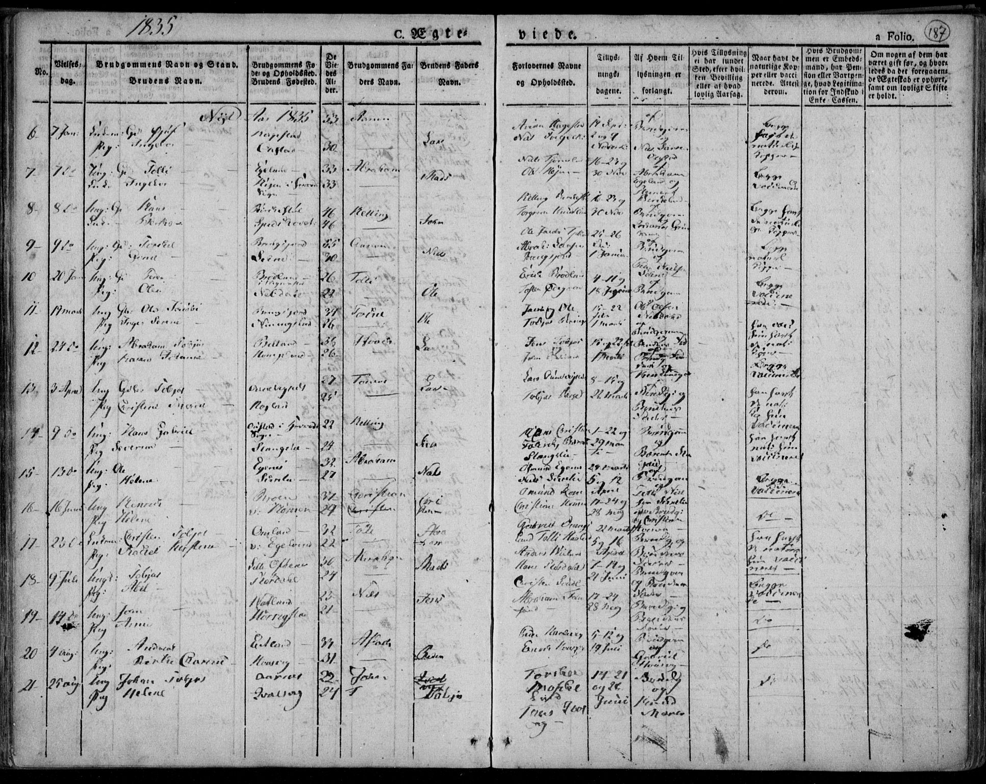 Lyngdal sokneprestkontor, AV/SAK-1111-0029/F/Fa/Fac/L0007: Parish register (official) no. A 7, 1825-1838, p. 187