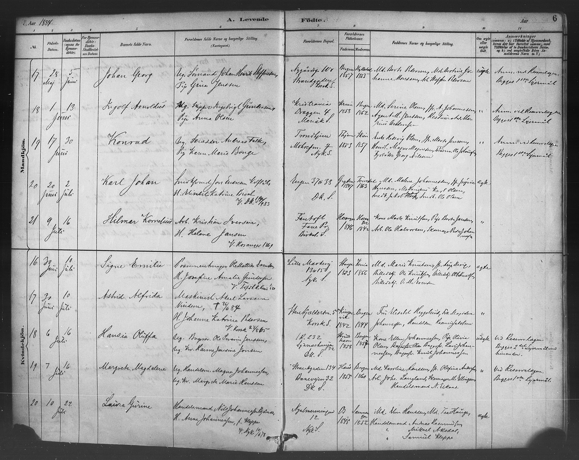 Fødselsstiftelsens sokneprestembete*, SAB/-: Parish register (official) no. A 2, 1884-1900, p. 6