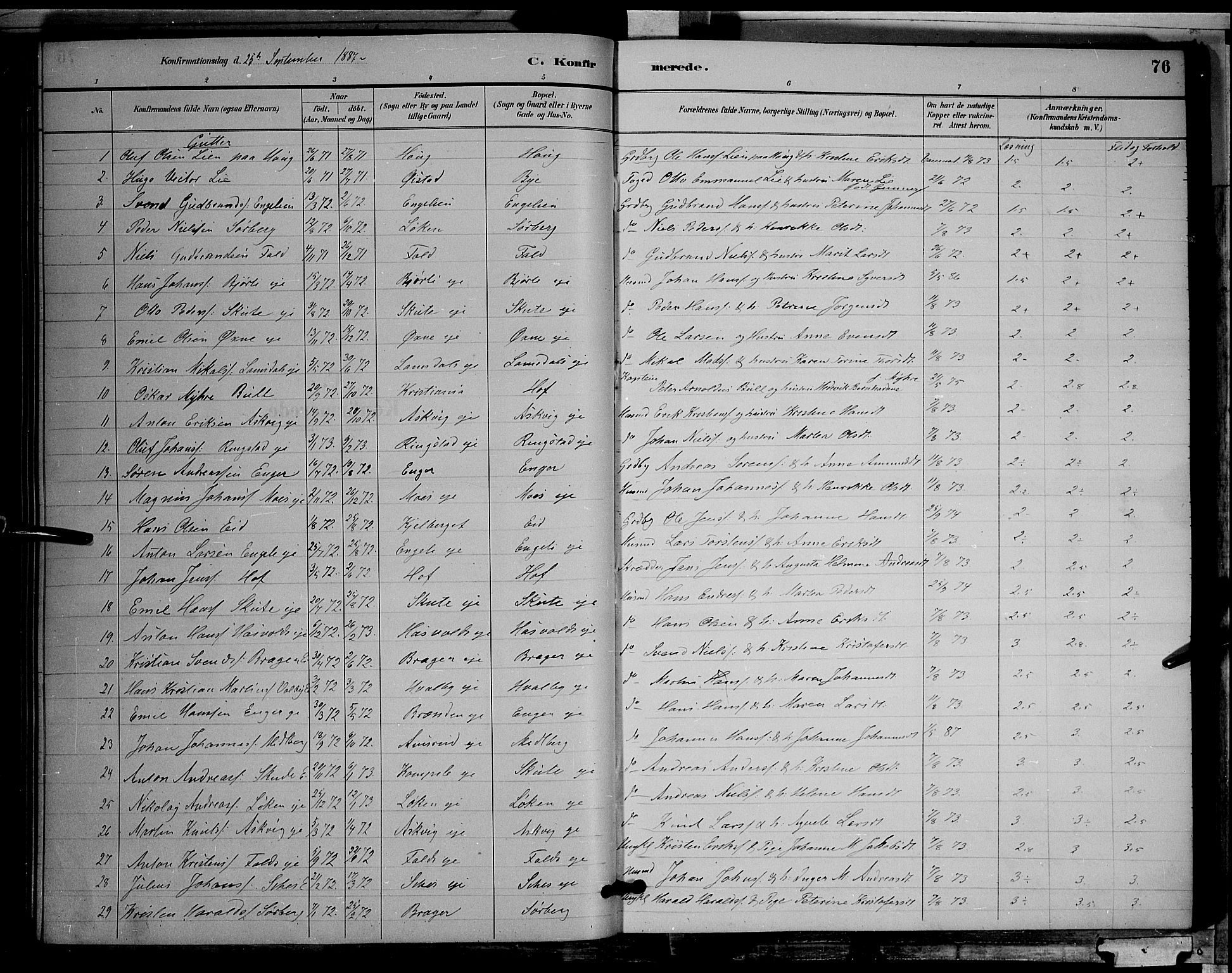 Søndre Land prestekontor, AV/SAH-PREST-122/L/L0002: Parish register (copy) no. 2, 1884-1900, p. 76