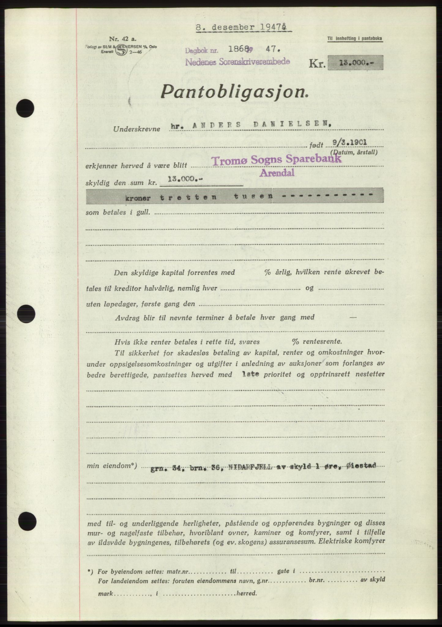 Nedenes sorenskriveri, AV/SAK-1221-0006/G/Gb/Gbb/L0004: Mortgage book no. B4, 1947-1947, Diary no: : 1868/1947